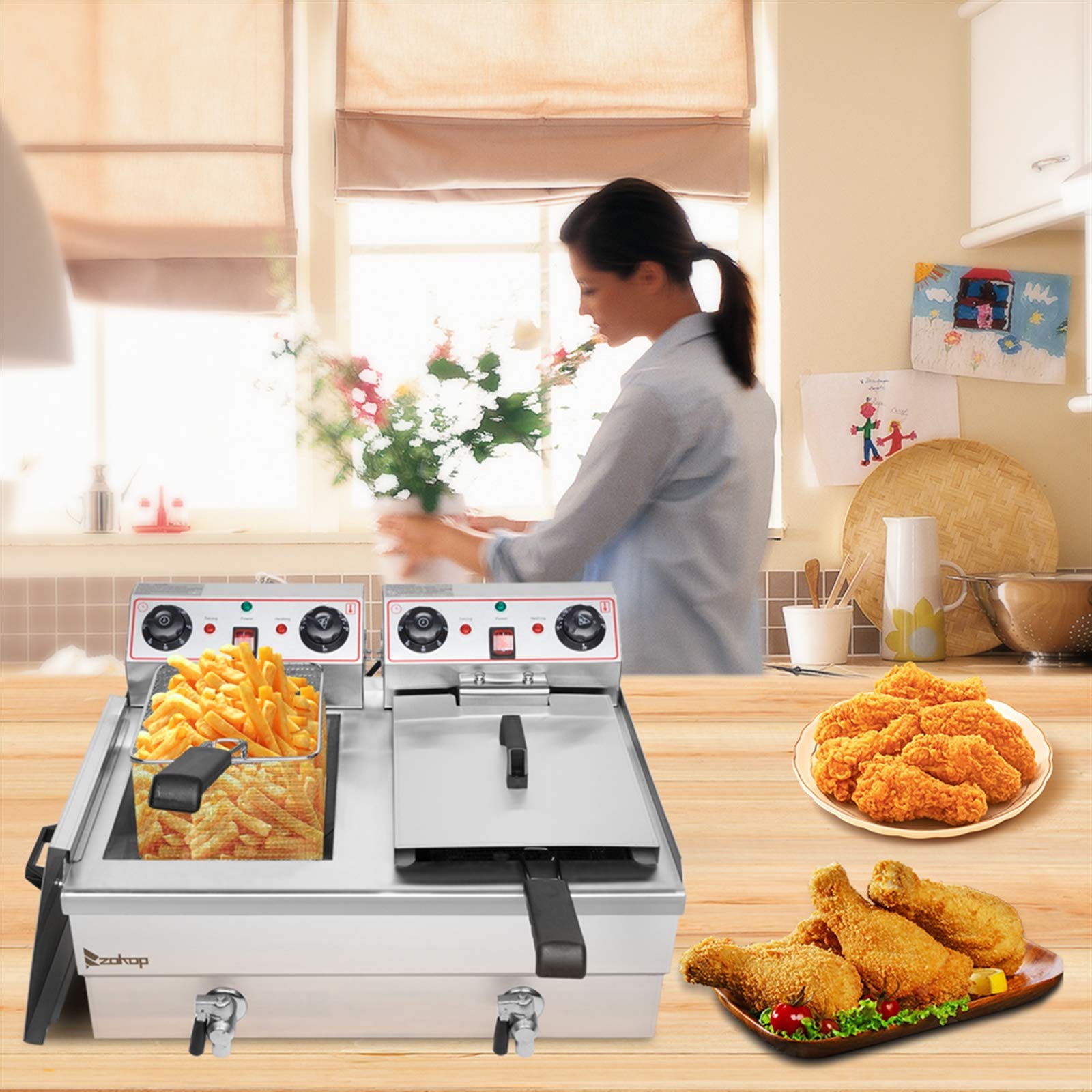 Commercial Deep Fryer 24.9QT/23.6L Stainless Steel Electric Countertop Fryer with Heavy Duty Faucet & Dual Basket - Perfect for Restaurants, Food Trucks, and Catering Events