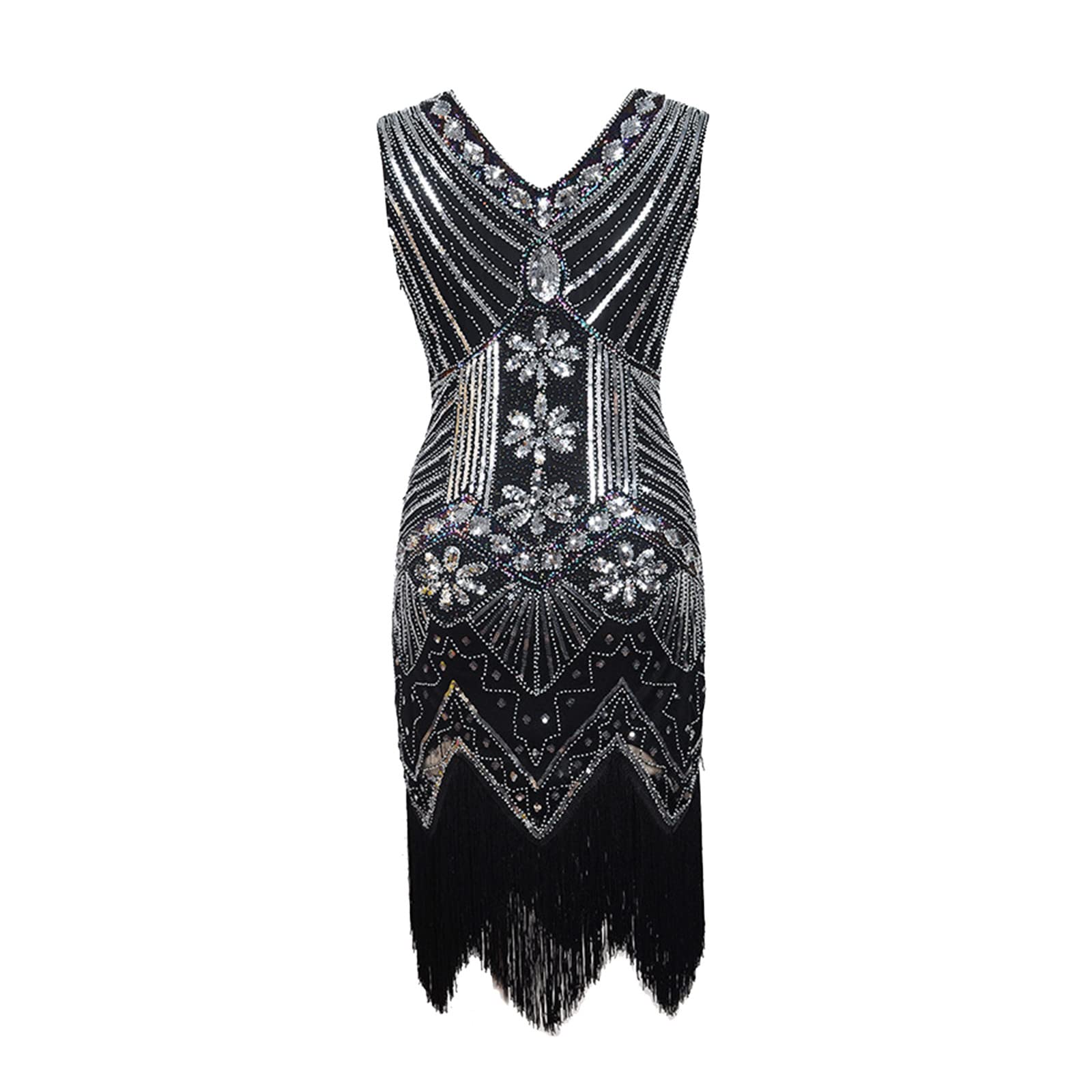 Vintage Flapper Dress for Women - Elegant Cocktail Midi Dress with Tassel Details, V-Neck & Short Sleeves | Perfect for 1920s Themed Parties, Gatsby Events & Retro Night Out