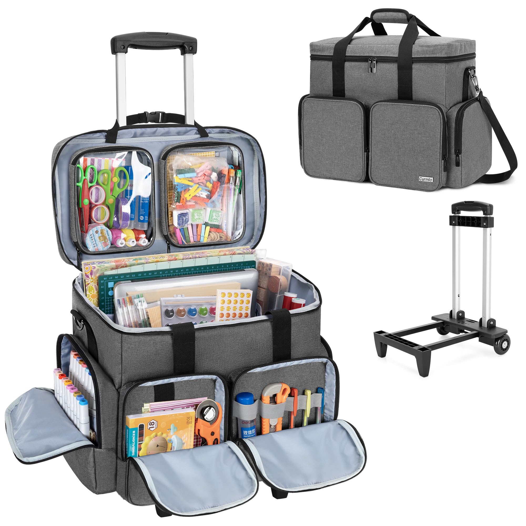 CURMIO Rolling Scrapbook Tote with Wheels - Portable Scrapbook Storage Bag with Detachable Trolley & Wooden Base | Craft Organizer for Scrapbooking Supplies (Gray) | Perfect for Craft Fairs, Workshops & Home Organization