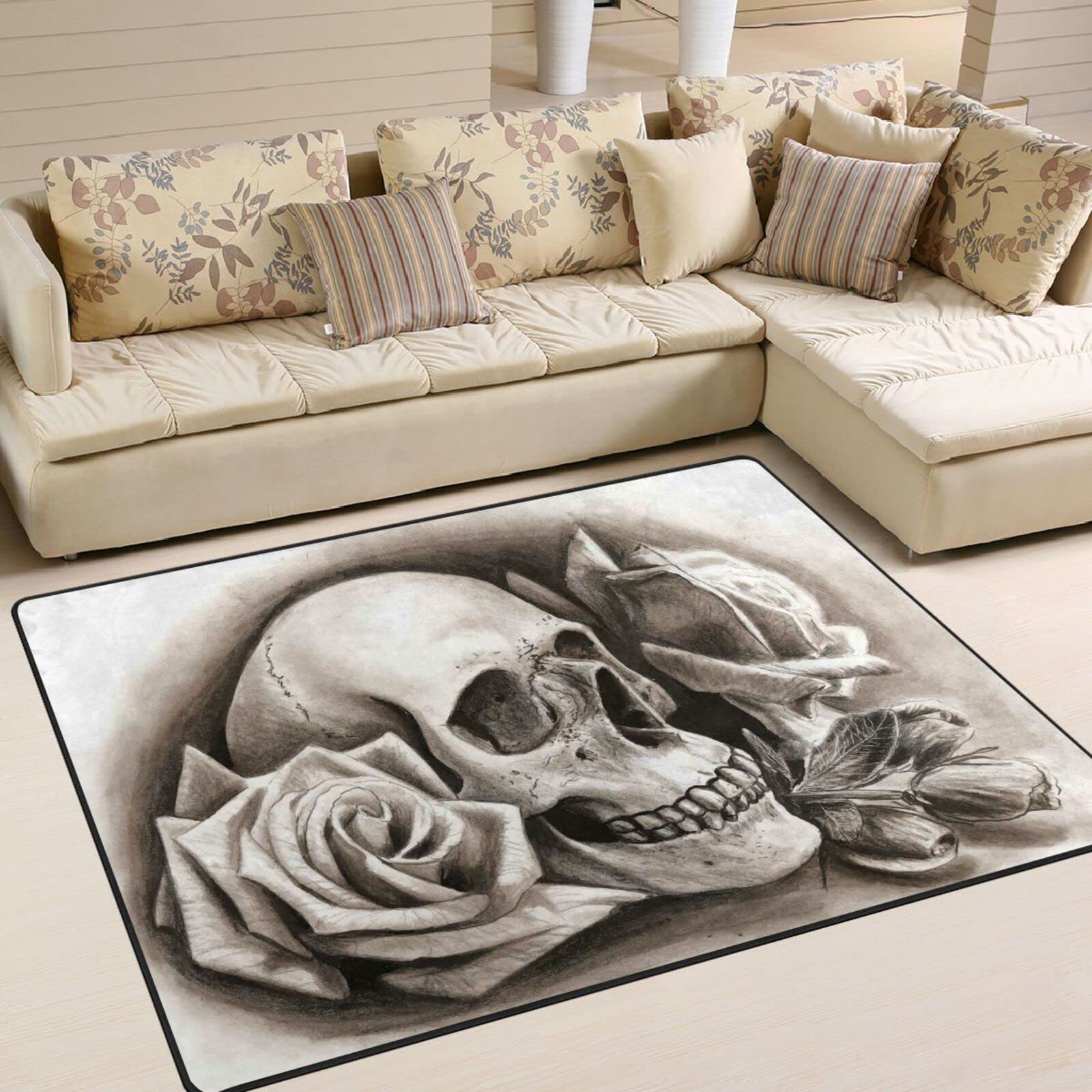 ALAZA Sugar Skull Rose Flower Art Oil Painting Area Rug - 7' x 5' Non-Slip Bohemian Floor Mat for Living Room, Bedroom, Dorm - Perfect for Home Decor, Boho Chic Style & Cozy Spaces