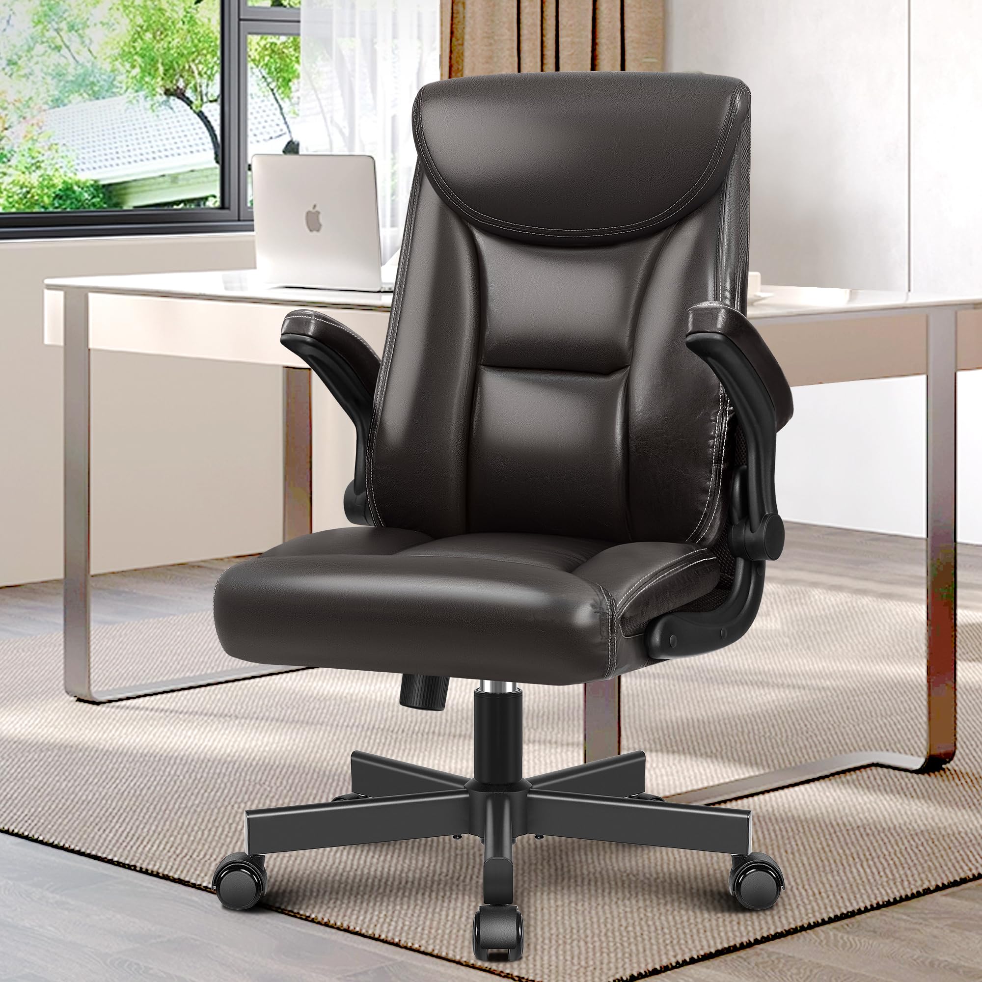 Premium Ergonomic Executive Office Chair - High Back Leather Desk Chair with Adjustable Flip-Up Arms for Big & Tall Users (Glossy Coffee) - Perfect for Home Office, Gaming & Professional Workspaces