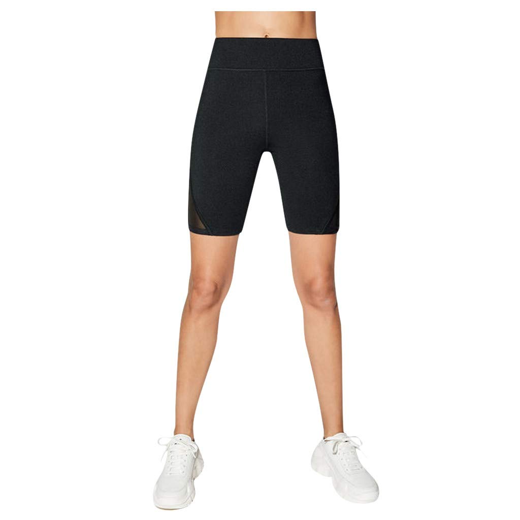 Women's High Waist Yoga Shorts with Mesh Stitching - Stretchy Workout Pants for Yoga, Running & Gym - Black