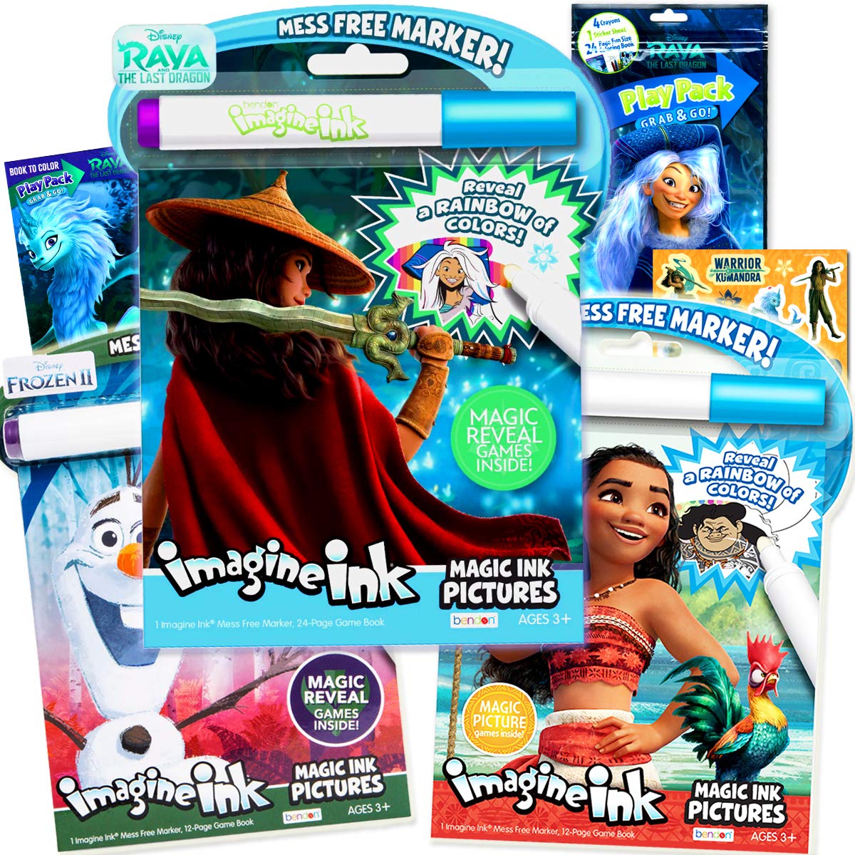 Imagine Ink Magic Pictures Coloring Activity Books Set - Raya and The Last Dragon, Frozen & More Disney Characters | Mess-Free Coloring for Kids | Perfect for Travel, Birthday Gifts & Quiet Time Activities