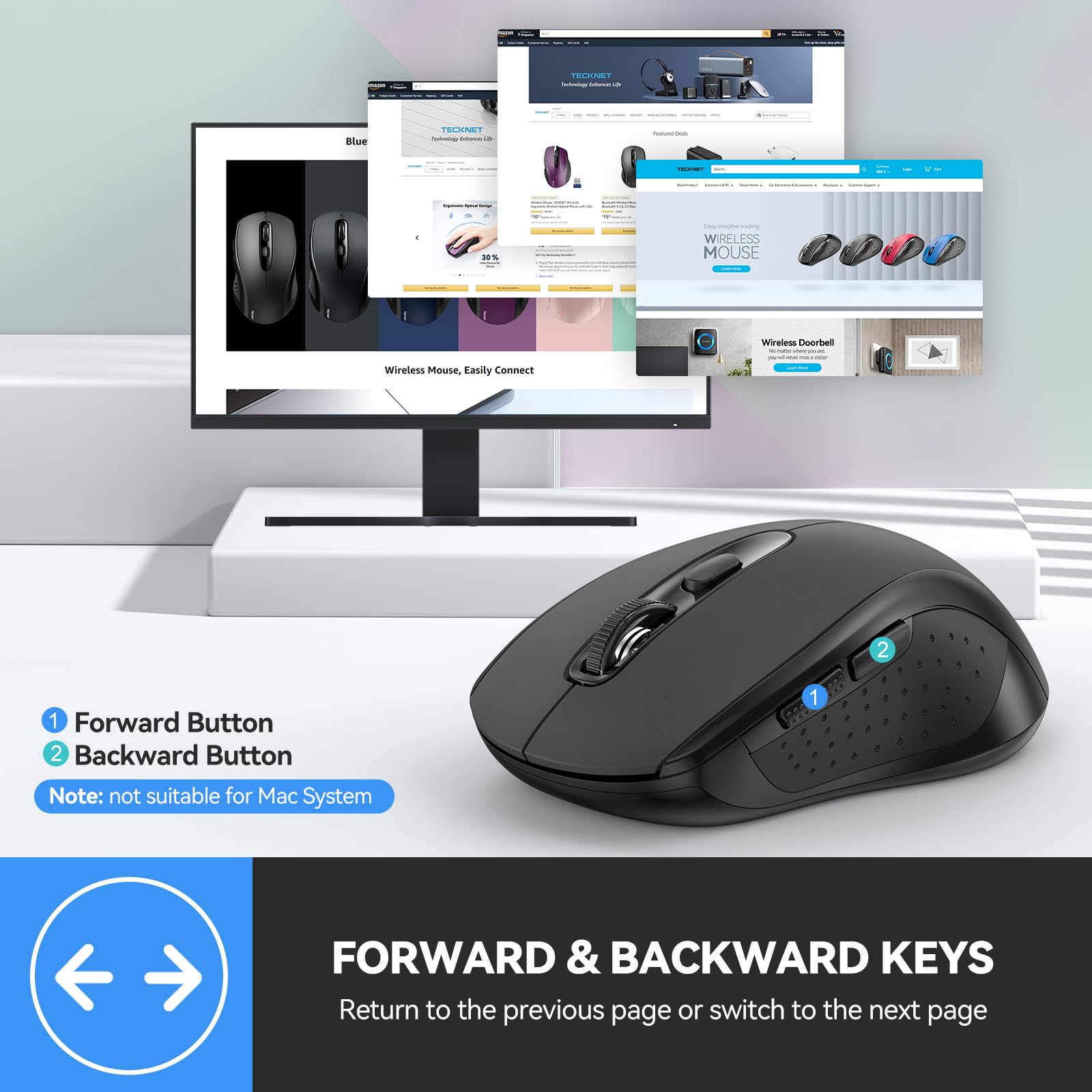 TECKNET Bluetooth Wireless Mouse 4000DPI - 2-in-1 USB & Bluetooth 5.0/3.0 + 2.4Ghz Rechargeable Mouse for Laptop, PC, Mac (Black) - Perfect for Office, Travel & Home Use