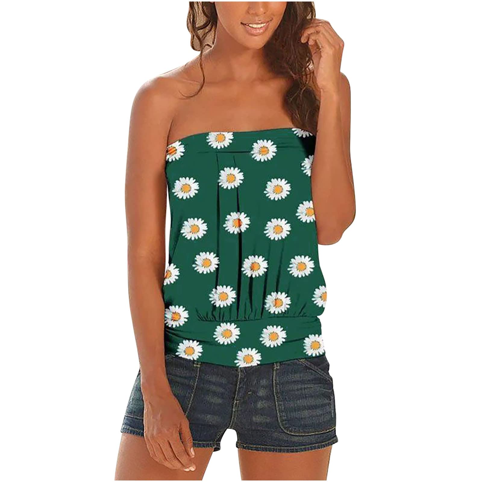 HRAPDA Women's Cute Summer Tube Tops - Floral Print Strapless Tank Tops for Casual & Dressy Wear | Off Shoulder Sexy Holiday Blouses for Beach, Party & Vacation Outfits