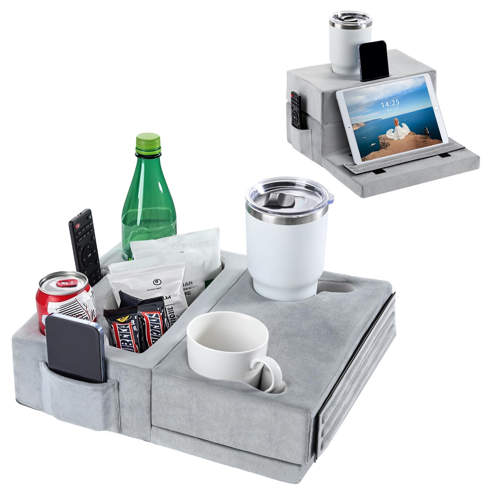 Luxspire Couch Cup Holder Tray with 8 Holes & Side Pocket - Multi-Functional Tablet Pillow Caddy for iPad, Drinks, Remote Control & Snacks (Gray) - Perfect for Living Room, Bedroom & Movie Nights