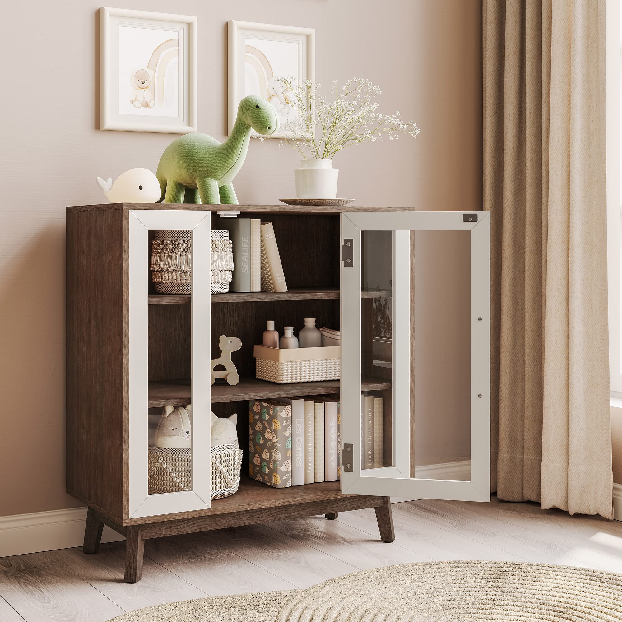 BELLEZE 3-Tier Sideboard Buffet Cabinet - Modern Glass Display Curio Cabinet with Storage, White Kitchen Pantry & Coffee Bar Organizer - Perfect for Living Room, Entryway, and Dining Room Decor