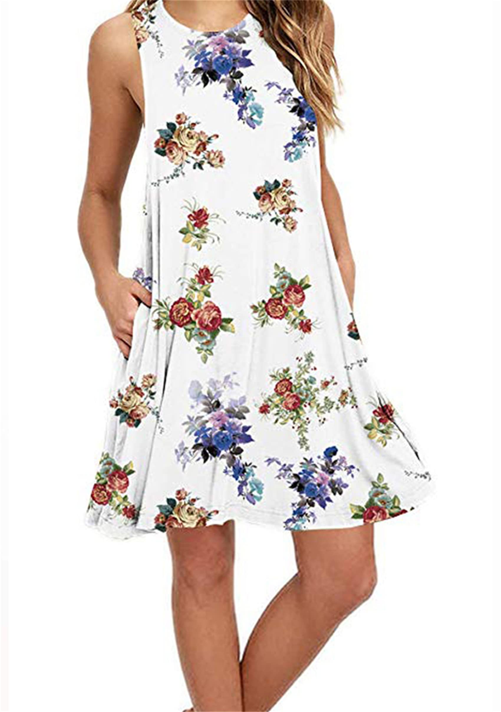 YMING Women's Floral Print Sleeveless Tank Dress - Summer Loose Tunic Mini Dress with Pockets | Casual Beach Wear, Vacation Outfit, Street Style Fashion