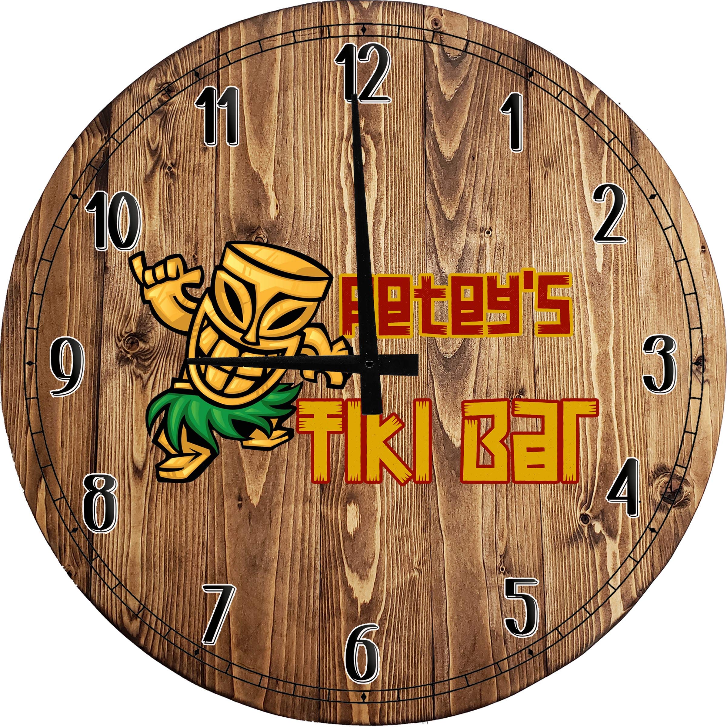 18 Inch Tiki Bar Shaka Monster Hawaiian Round Wood Wall Clock - Brown Tropical Decor for Home, Beach House, or Tiki Bar Theme