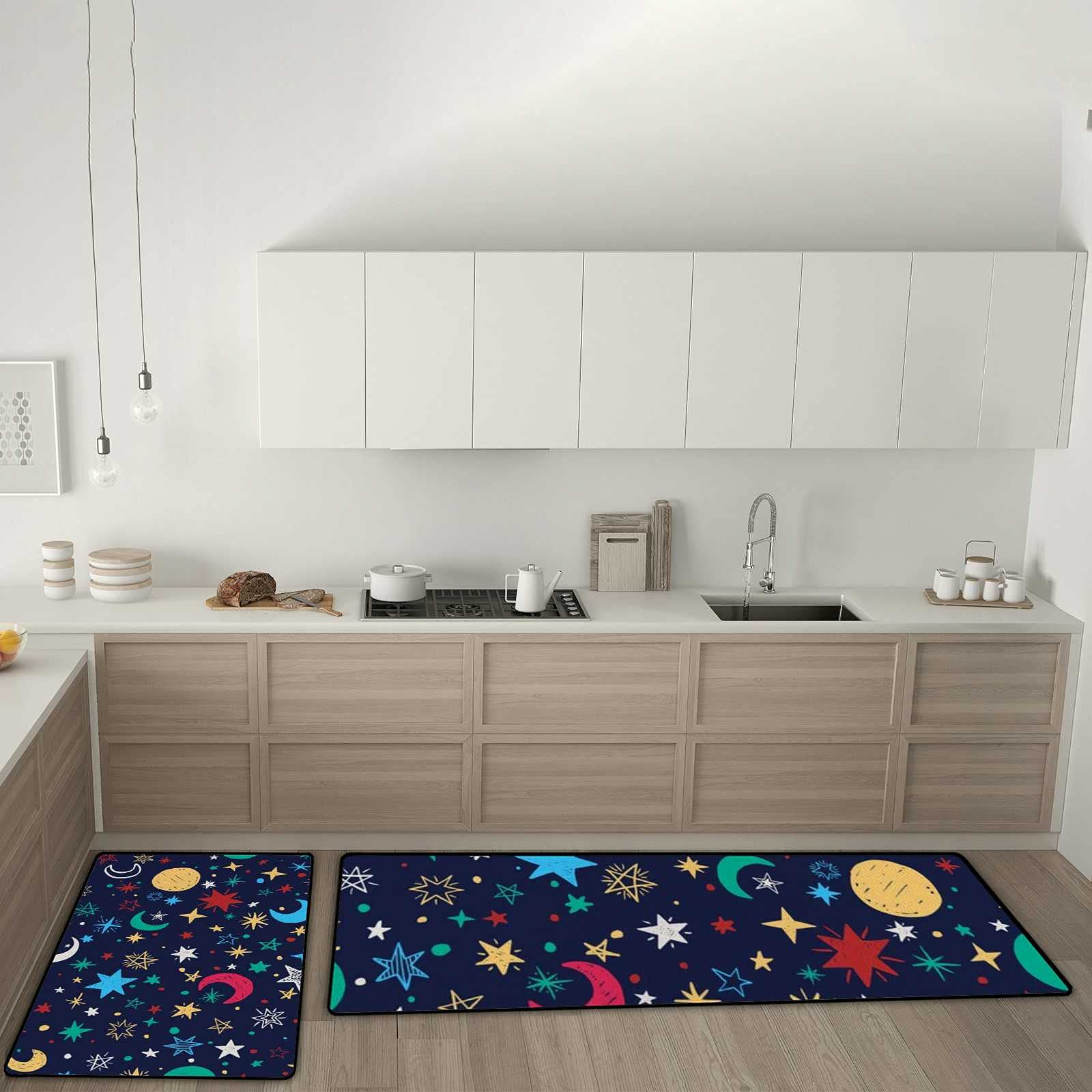 Hand-Drawn Stars & Moons Doodle Non-Slip Kitchen Rugs (2-Piece Set) - Anti-Fatigue Cushioned Water Absorbent Foam Floor Mats 17.7