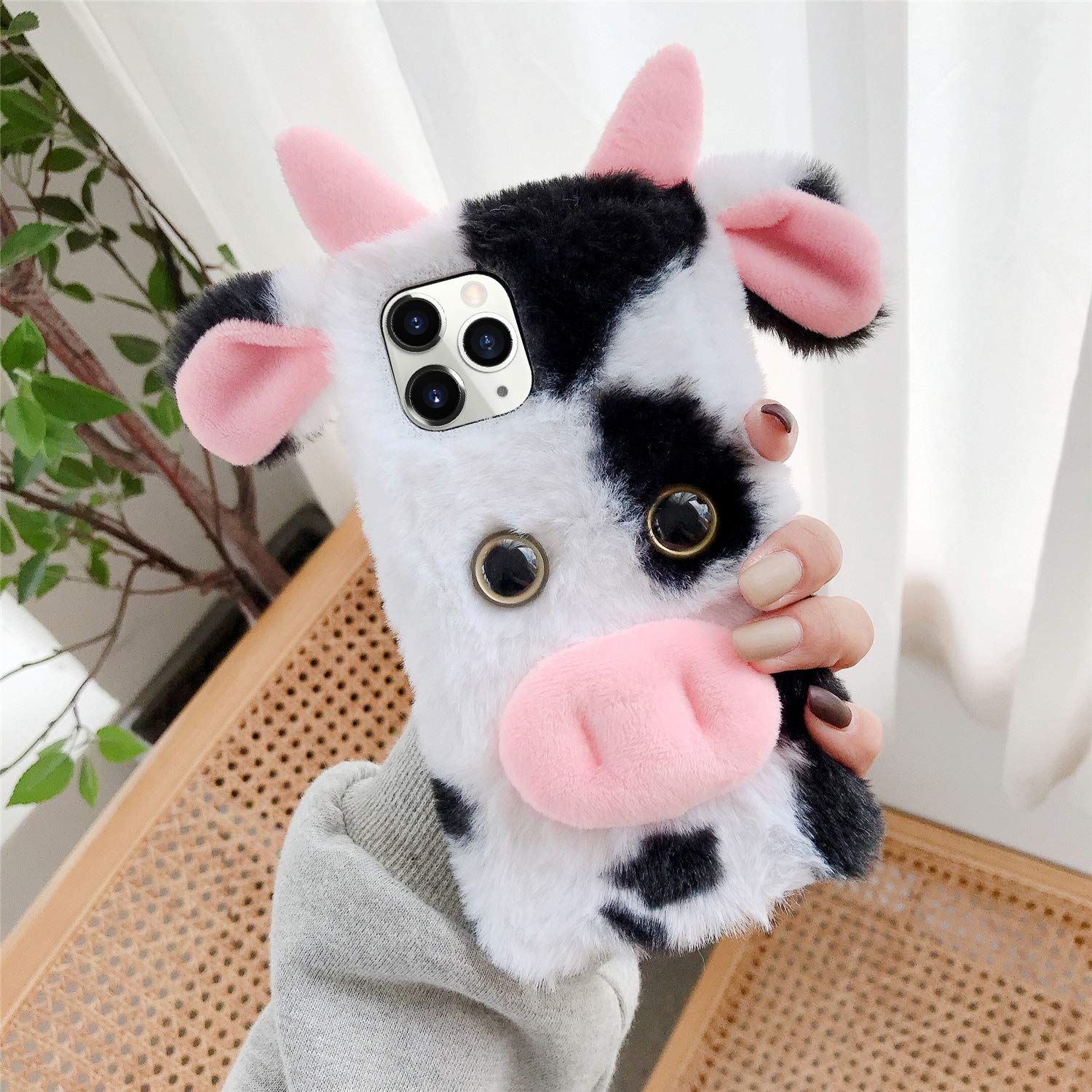 LUVI Fuzzy Plush Soft Fur iPhone 12 Pro Case - Cute 3D Cartoon Cow Design, Luxury Protective Cover for iPhone 12 Pro 6.1 inch (Green) - Perfect for Fashion Lovers & Daily Protection