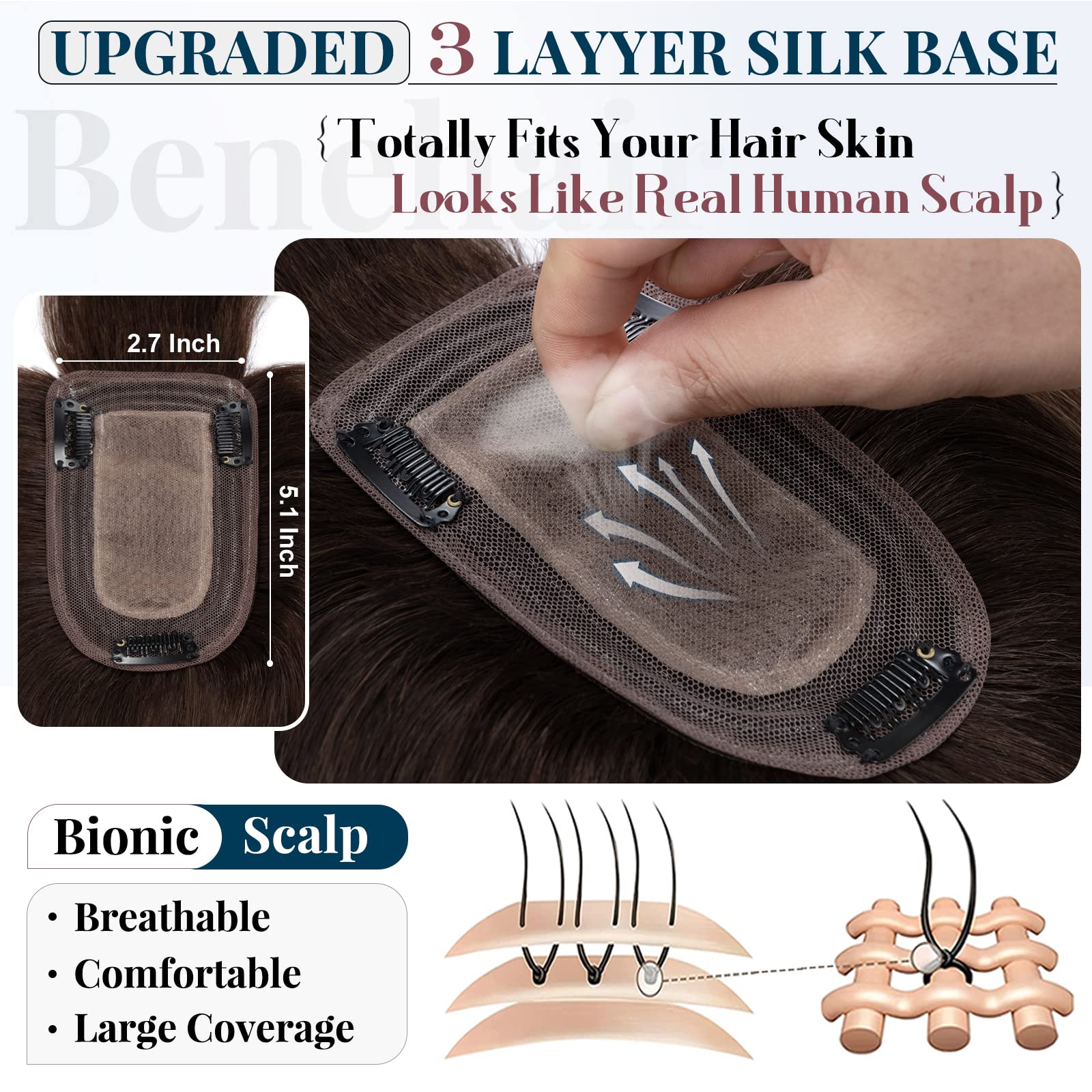 Benehair Clip-in Hair Topper for Women - 16 Inch Human Hair Extension with Thin Bangs, Silk Base, Straight & Soft (Dark Brown #2) | Perfect for Hair Loss, Thinning & Styling