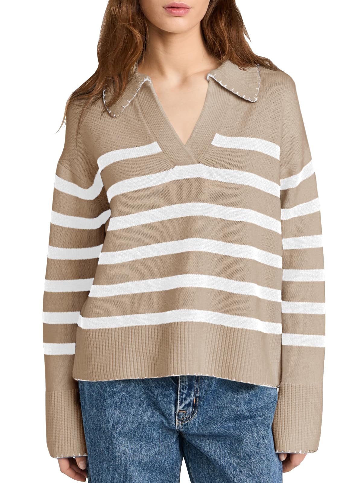 Saodimallsu Women's Striped V-Neck Collared Knit Sweater - 2024 Fall Fashion Long Sleeve Loose Pullover | Casual Office Wear & Autumn Layering
