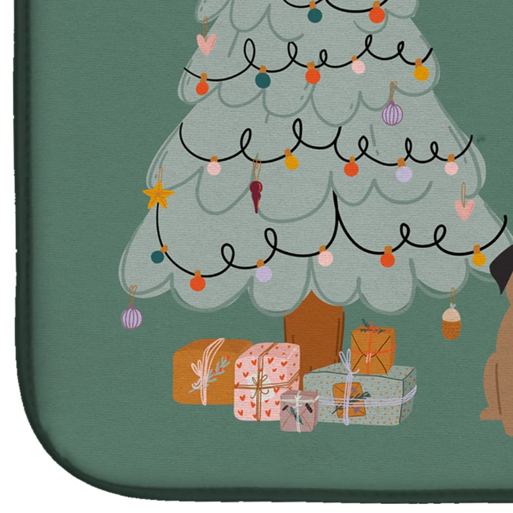 Brown Pug Christmas Dish Drying Mat - Absorbent Kitchen Counter Pad for Holiday Decor (14x21