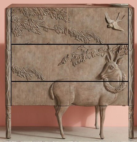Hand Carved Deer Three Drawers Dresser - Solid Wood Chest of Drawers for Bedroom, Living Room & Nursery Storage Furniture