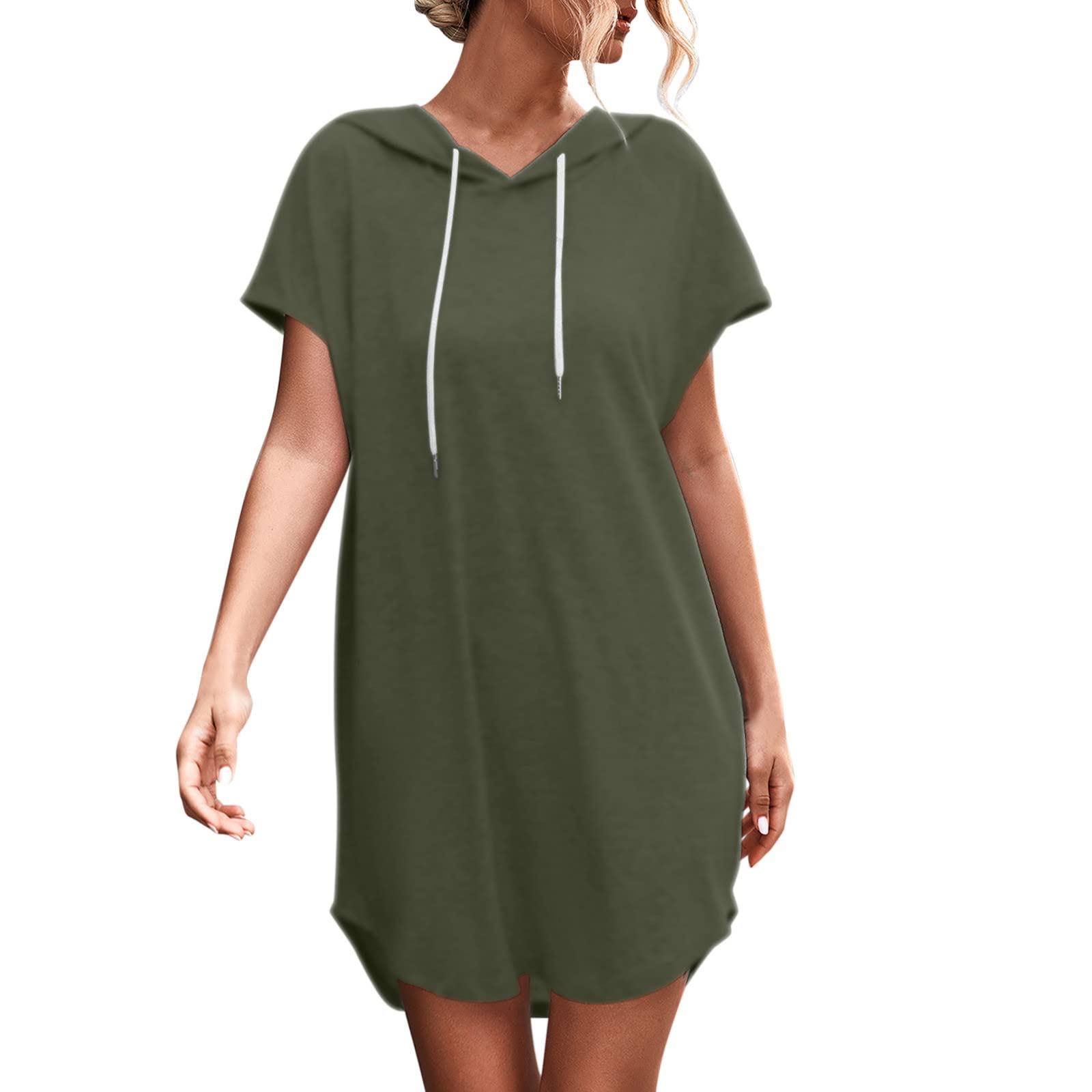 UYTOGOFE Women's Summer Casual Dress - Short Sleeve Drawstring Solid Color Hooded Long Dress for Beach, Vacation & Outdoor Activities