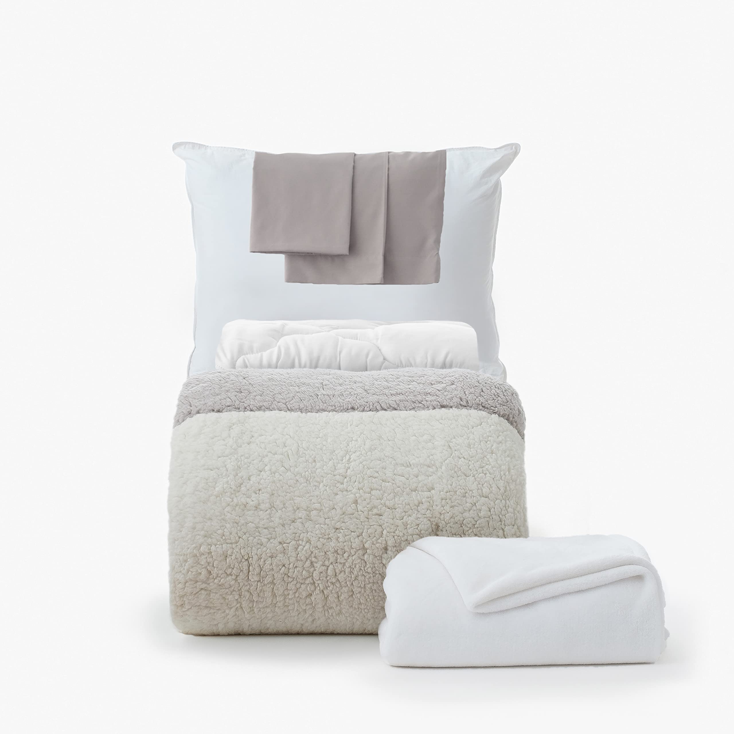 OCM 7-Piece Twin XL College Dorm Bedding Set - Soft Sherpa Comforter, Sheets, Pillow, Mattress Pad & Blanket in Gray & Off-White | Cozy Dorm Room Essentials for Students