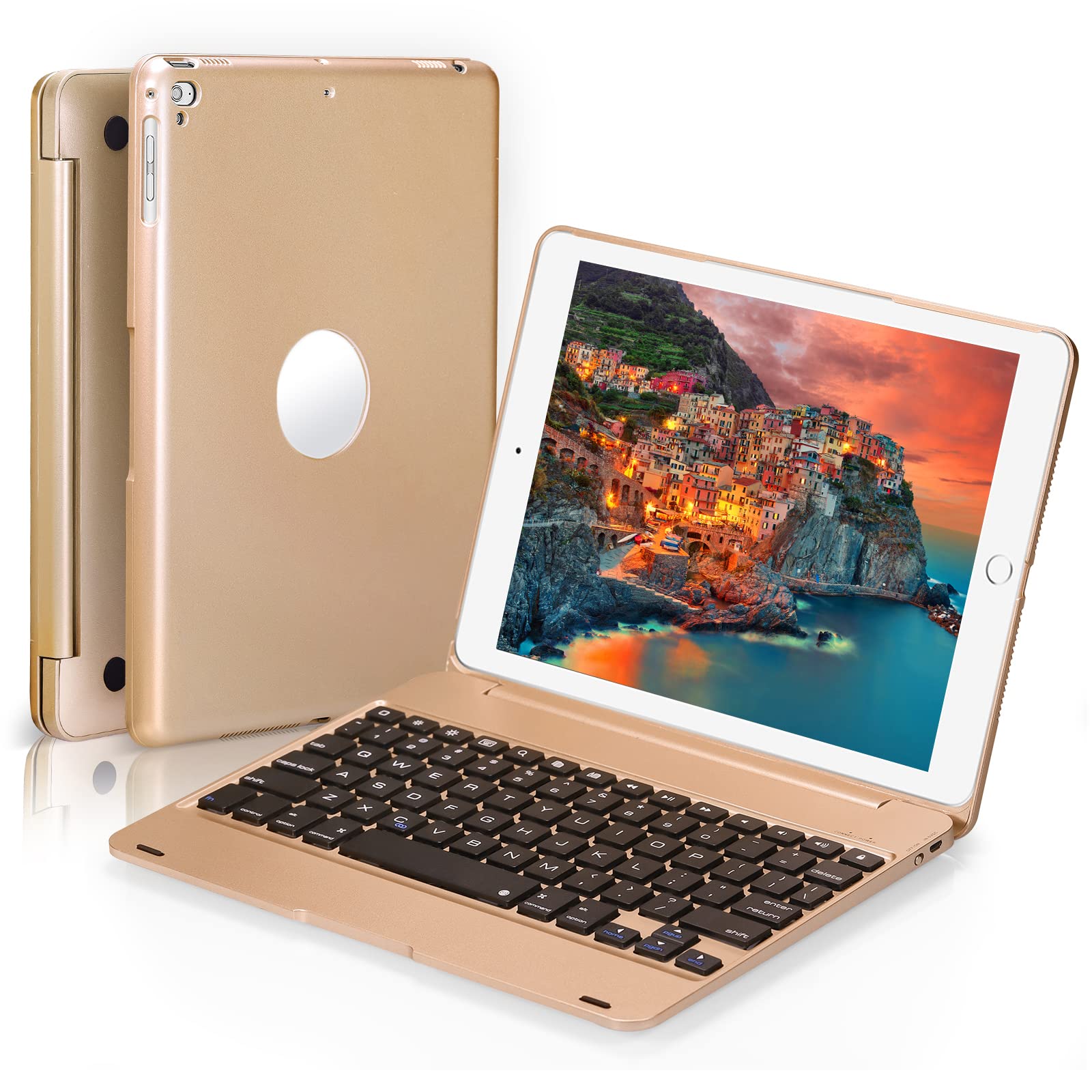 REUBYKEN Bluetooth Keyboard Case for iPad 9.7 inch - Compatible with iPad 6th/5th Gen, iPad Pro 9.7 & iPad Air 2/1 | Slim Protective Cover with Backlit Keys | Perfect for Work, Study & Travel (Gold)