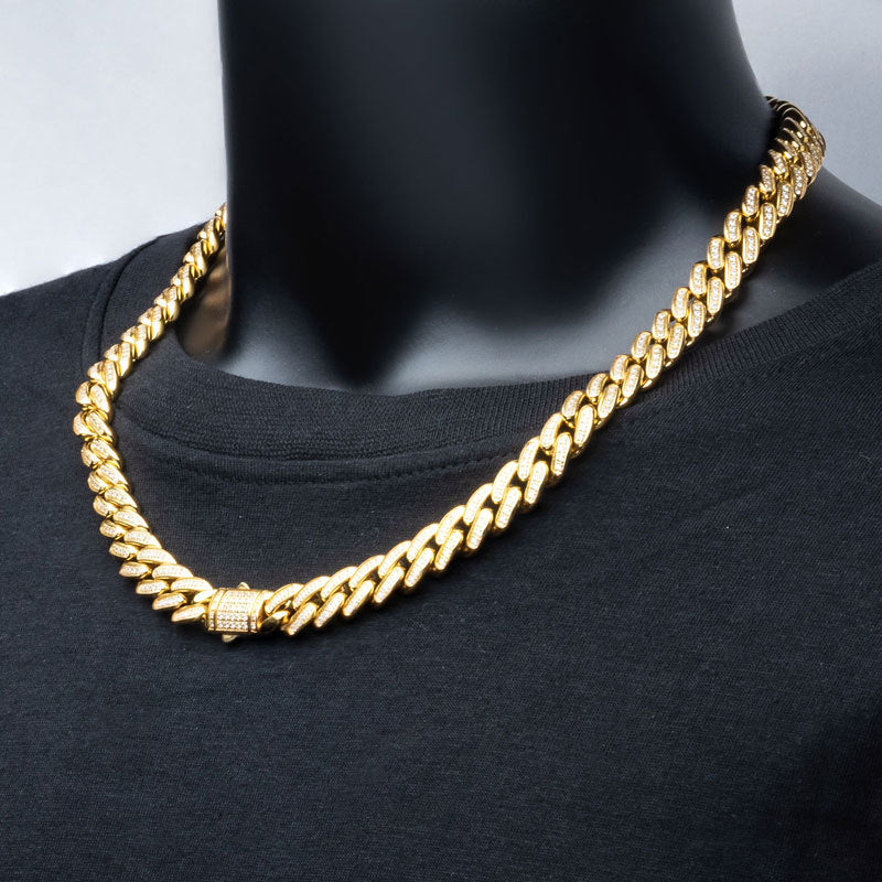 12mm 18K Gold Plated Miami Cuban Link Chain Necklace for Men - CNC Precision Set with AAA Cubic Zirconia Stones, Secure Double Tab Box Clasp - Perfect for Gifts, Weddings, Date Nights & Special Occasions