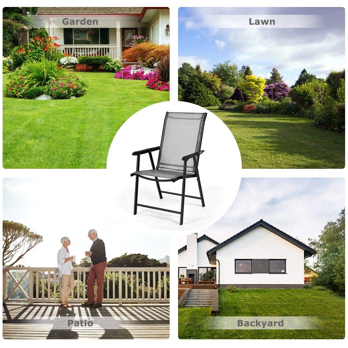 AFSTAR Outdoor Folding Chairs Set of 2 - Patio Sling Chairs with Armrests for Backyard, Garden, Pool & Porch - Lightweight Foldable Lawn Chairs (Gray) - Perfect for Camping, Picnics & Beach Trips