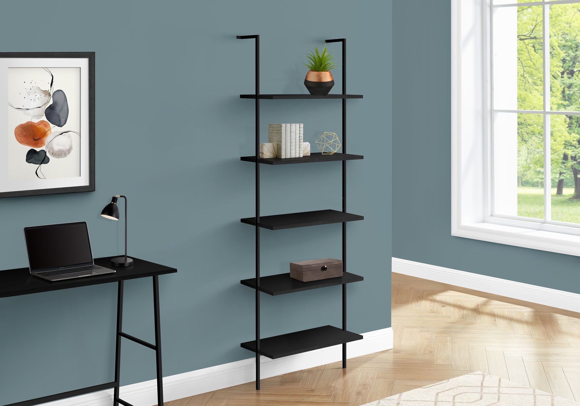 72 Inch Black Metal Ladder Bookcase - Modern Industrial Style Bookshelf for Living Room, Office, or Bedroom Storage