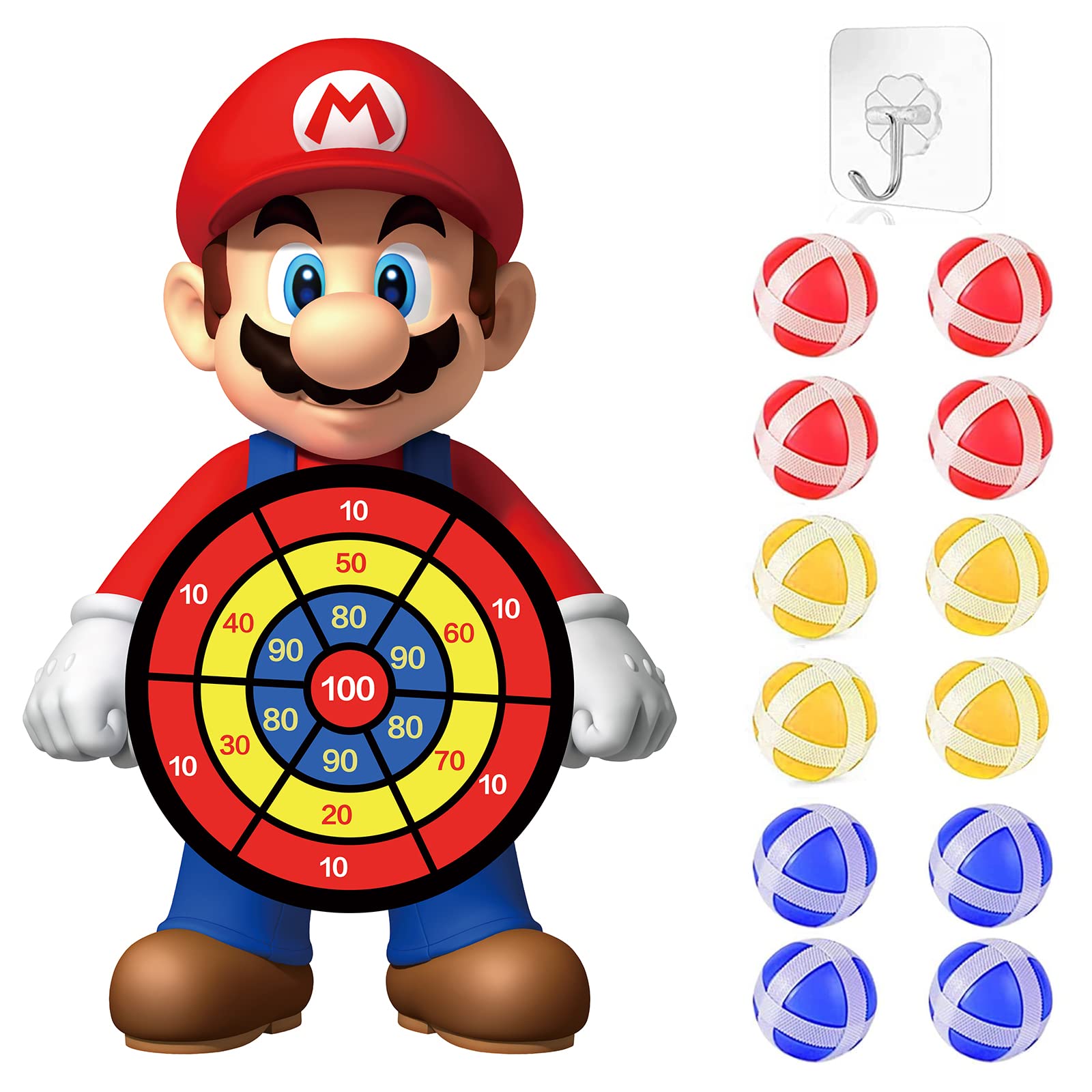 19 Inch Super Bros Dart Board Set with 12 Sticky Balls & Hooks - Cartoon Themed Birthday Party Decorations & Game Supplies for Kids Room, Game Night, and Family Fun Activities