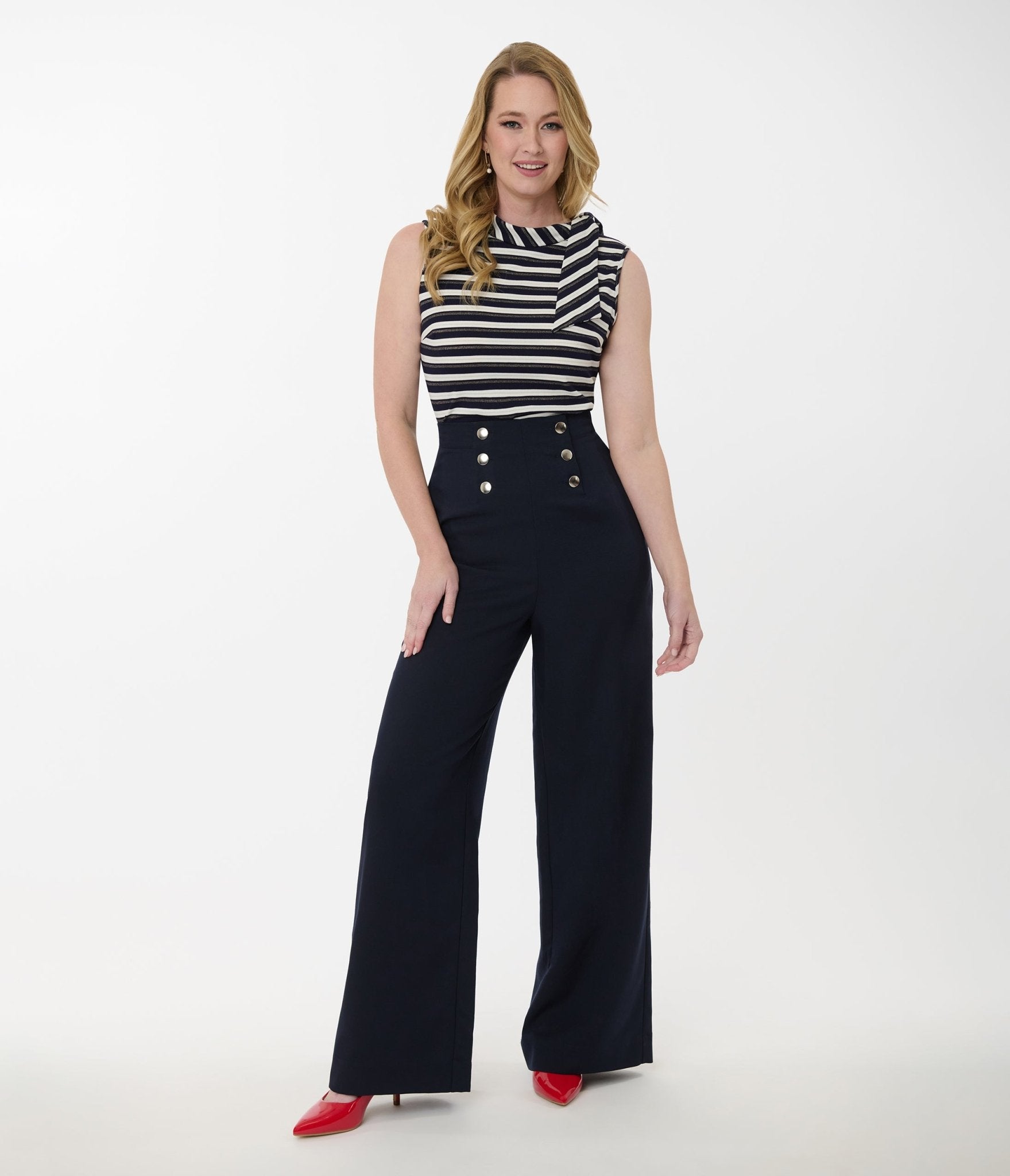 Smak Parlour Navy & Silver Button Wide Leg Sailor Pants - Women's High Waisted Trousers for Office, Cruise & Nautical Style Outfits