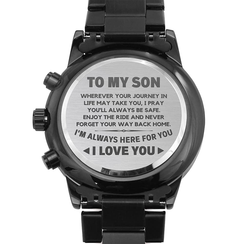 Personalized Stainless Steel Watch Gift for Son - Custom Engraved with Message from Mom & Dad | Includes Gift Box, Necklace and Cards | Perfect for Graduation, Birthday & Special Occasions