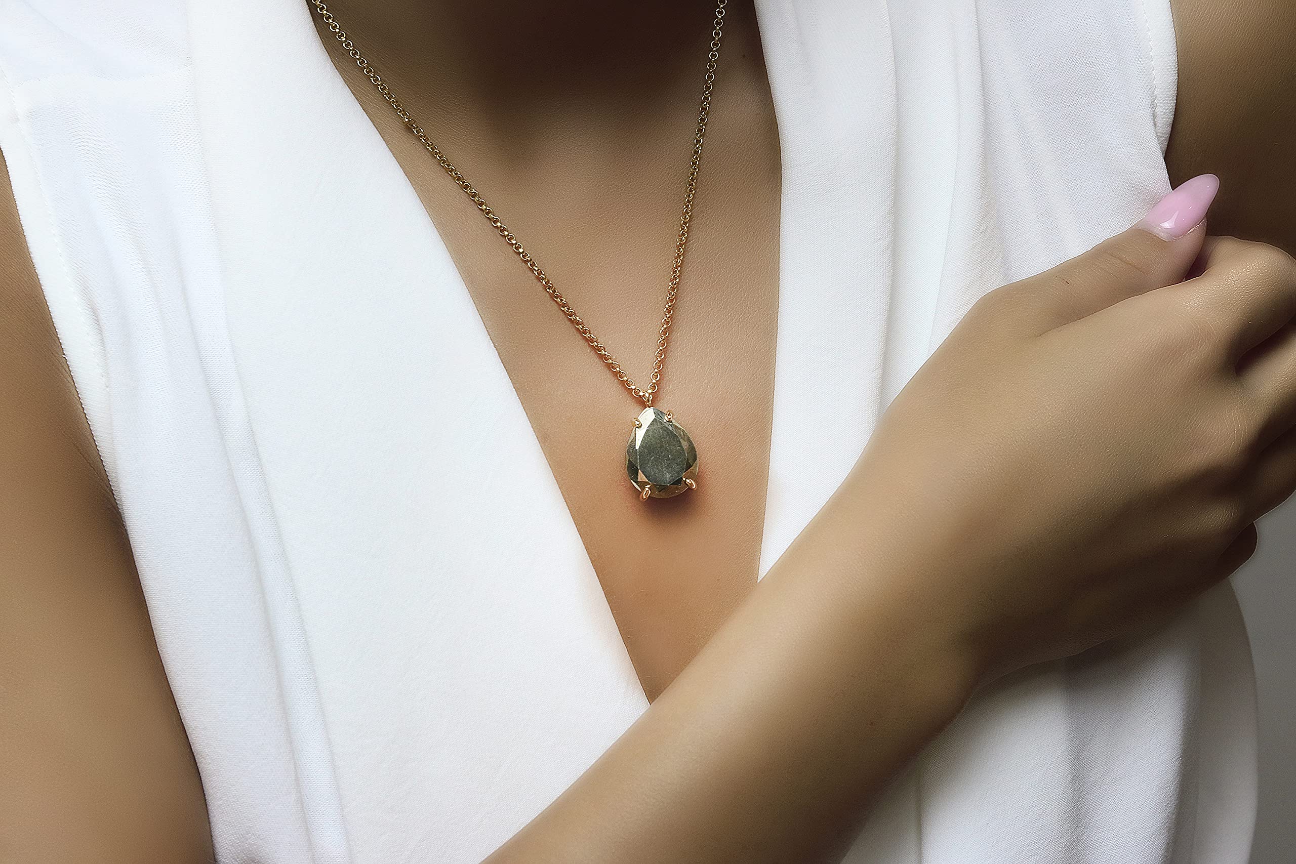 Handmade Anemone Pear Custom Pyrite Necklace - Artisan Teardrop Pendant Jewelry for Women | Unique Gemstone Fashion Necklace Gift for Birthday, Anniversary & Special Occasions