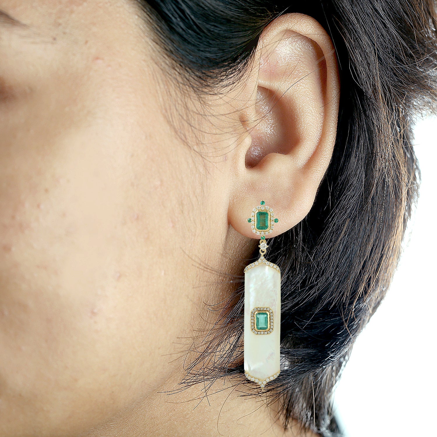 Emerald Prong Mother of Pearl Gemstone Pave Diamond Yellow Gold Dangle Earrings | Elegant Jewelry for Women, Perfect for Weddings, Parties & Special Occasions