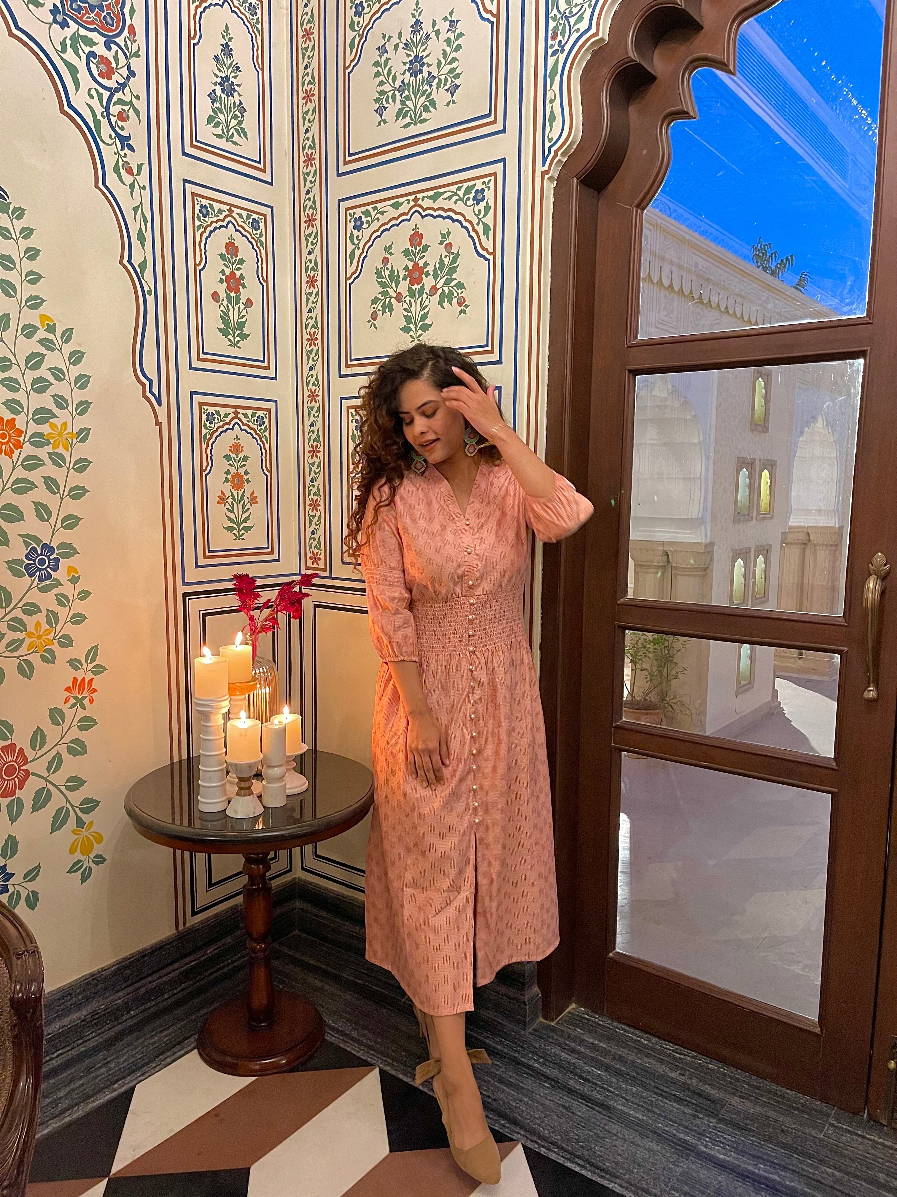 Peach Handloom Cotton Long Midi Dress - Women's Boho Summer Maxi Dress for Beach, Vacation & Casual Wear