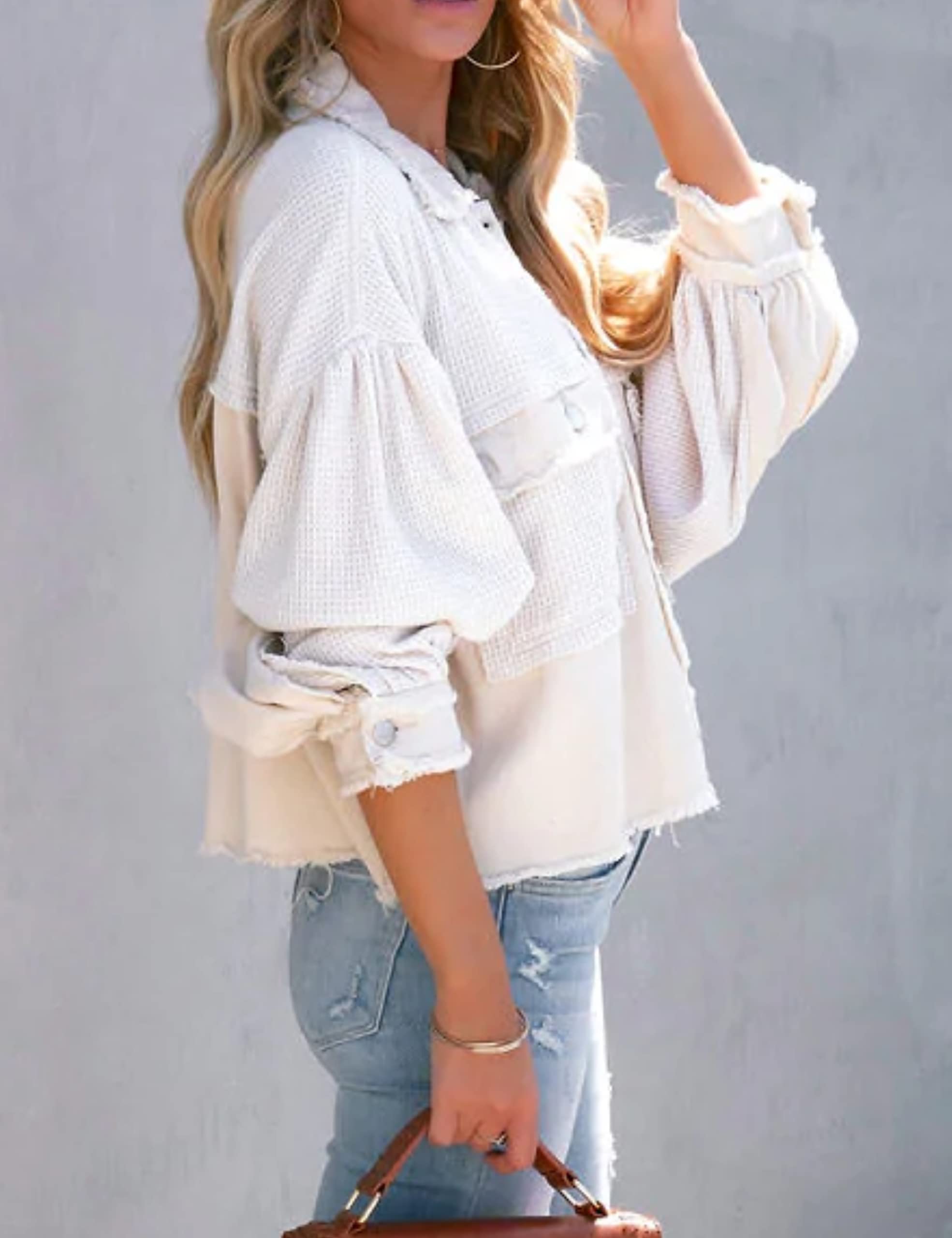 Women's Frayed Hem Waffle Knit Denim Jacket - Cropped Boyfriend Style Button Down Shirt Jacket with Spliced Design | Casual Outfits, Streetwear & Layering Essential