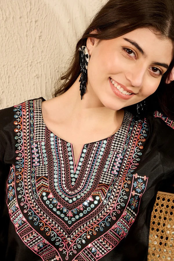Stylish Black Embroidered Viscose Rayon Kurta Set with Straight Pants | Women's Indian Ethnic Wear | Perfect for Festivals, Weddings & Casual Outings