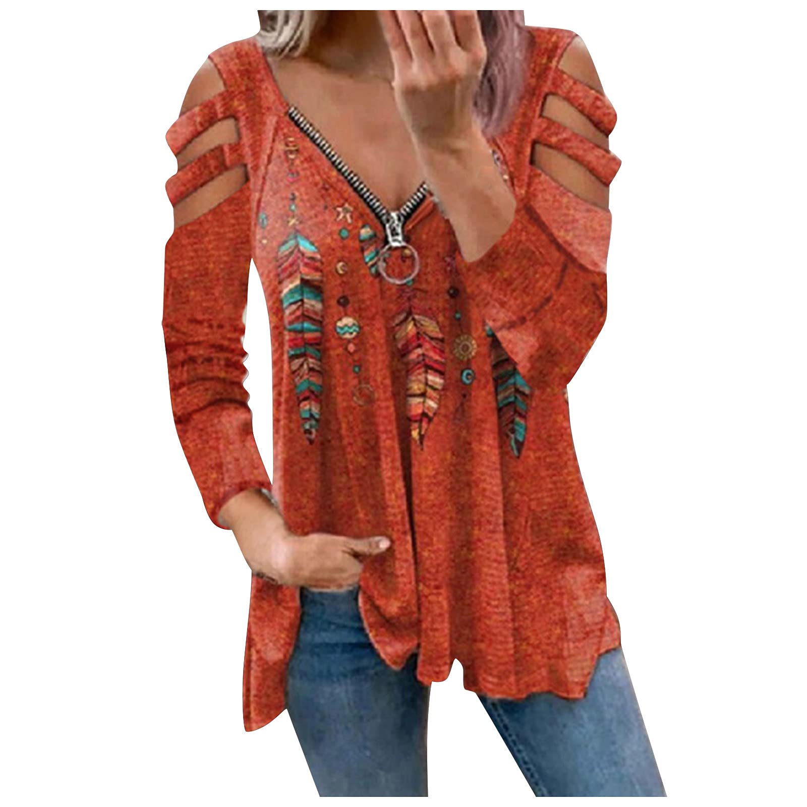 Women's Western Tunic Shirt - 3/4 Sleeve Zipper Pullover for Casual Wear