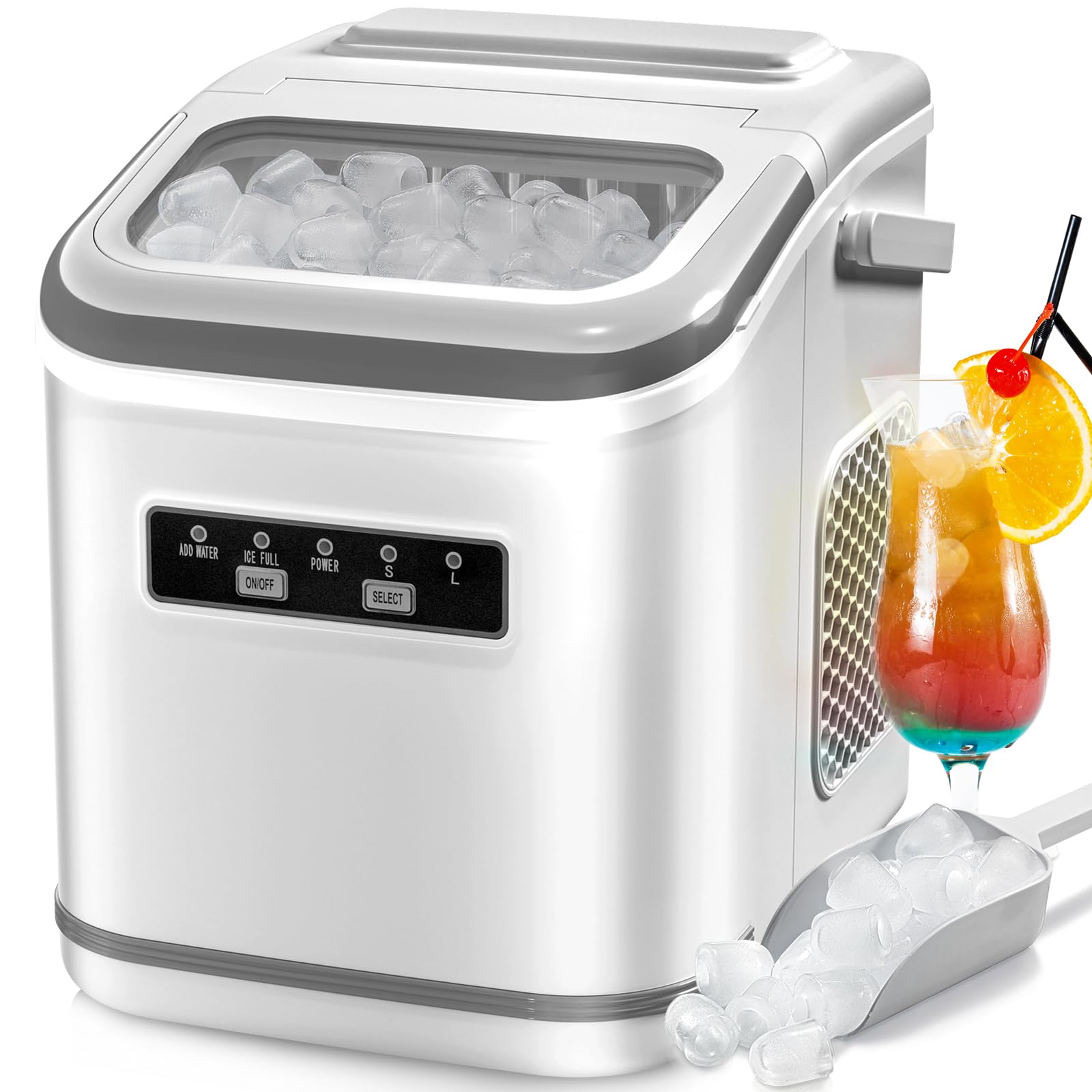 Portable Self-Cleaning Countertop Ice Maker Machine - 9 Cubes in 6 Minutes, 26.5lbs/24h Output - 2 Ice Cube Sizes (Bullet & Cube) with Scoop & Basket - Perfect for Home Kitchen, Office, Bar, Parties & Outdoor Events (White)