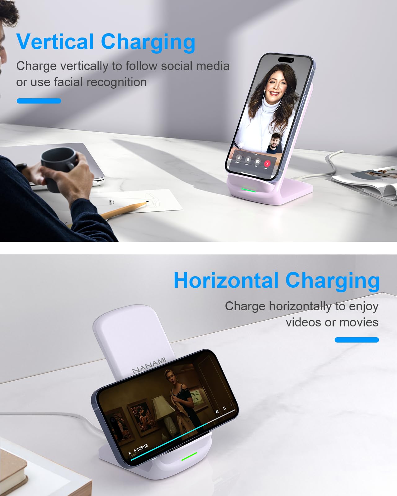 NANAMI 10W Fast Wireless Charger Stand for iPhone 16/15/14/13/12/11 & Samsung Galaxy S25/S24/S23 - Qi-Certified Charging Pad for iPhone SE2/X/XS/XR/8/8P & All Qi-Enabled Phones - Perfect for Home, Office & Nightstand Use