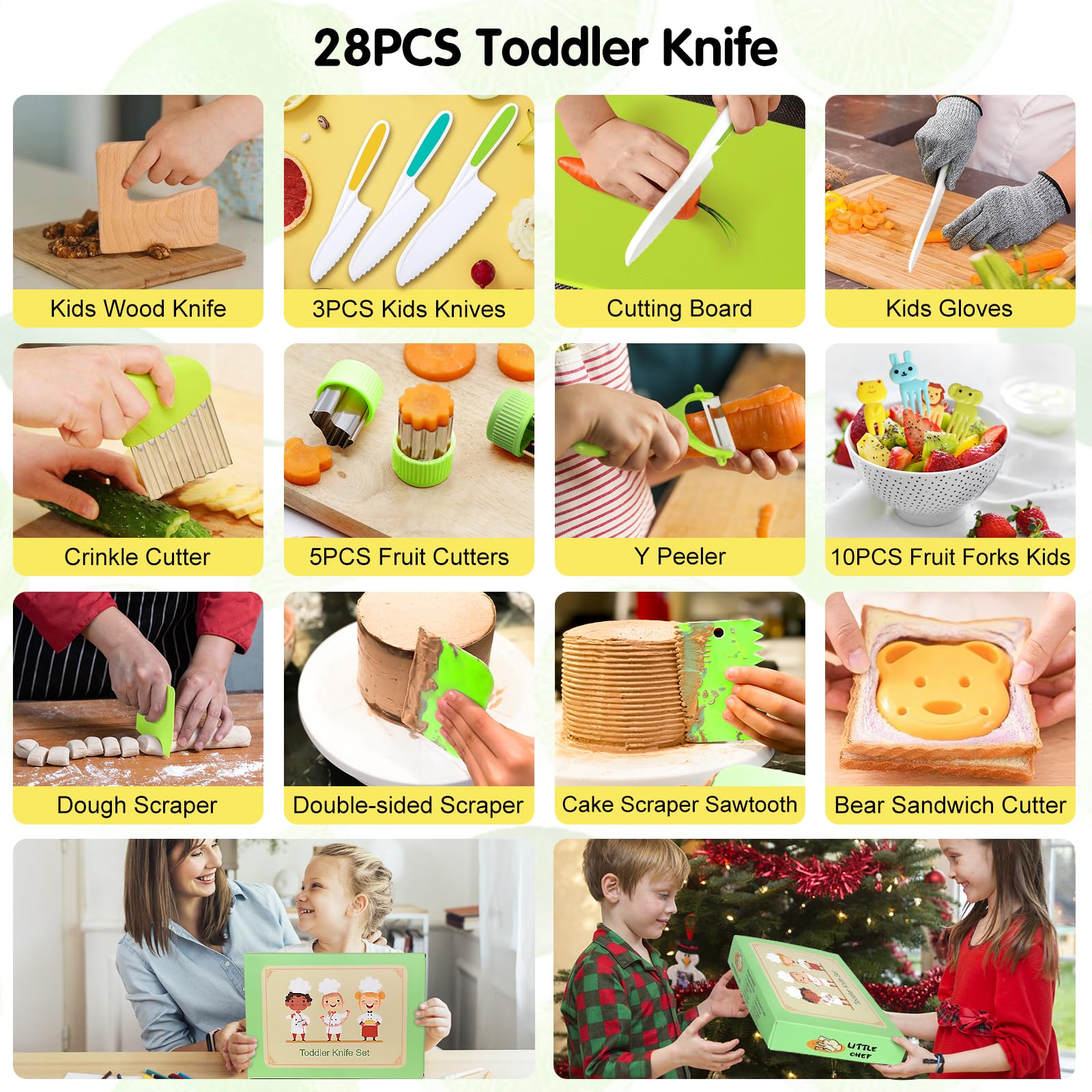 28-Piece Kids Montessori Cooking Tools Set - Safe Kitchen Knives & Utensils for Toddlers - Includes Child-Friendly Knife, Chopper, Peeler, Gloves, Cutting Board & Recipes - Perfect for Early Learning & Family Cooking Activities