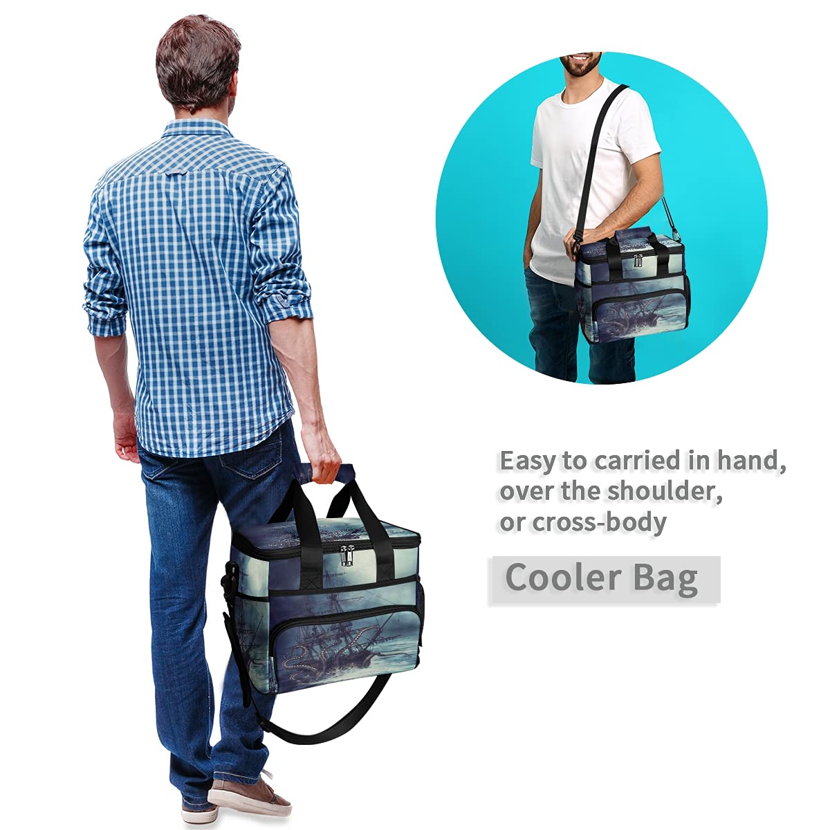 24-Can (15L) Insulated Lunch Box - Large Cooler Lunch Bag with Sea Pirate Boat & Tentacle Design, Soft Leakproof Cooling Tote for Men & Women - Perfect for Camping, Picnics, BBQs, Beach Trips & Outdoor Adventures