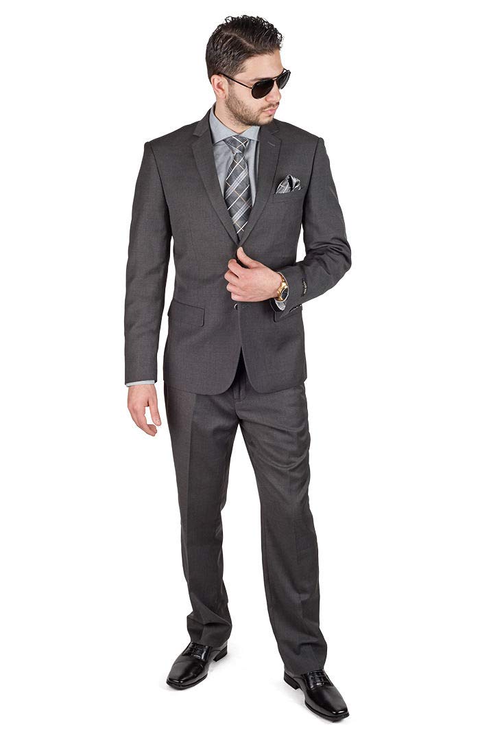 AZAR MAN Slim Fit Men's Suit - 2 Button Dark Grey Notch Lapel Business Suit with Flat Front Pants | Perfect for Weddings, Office Wear & Formal Events