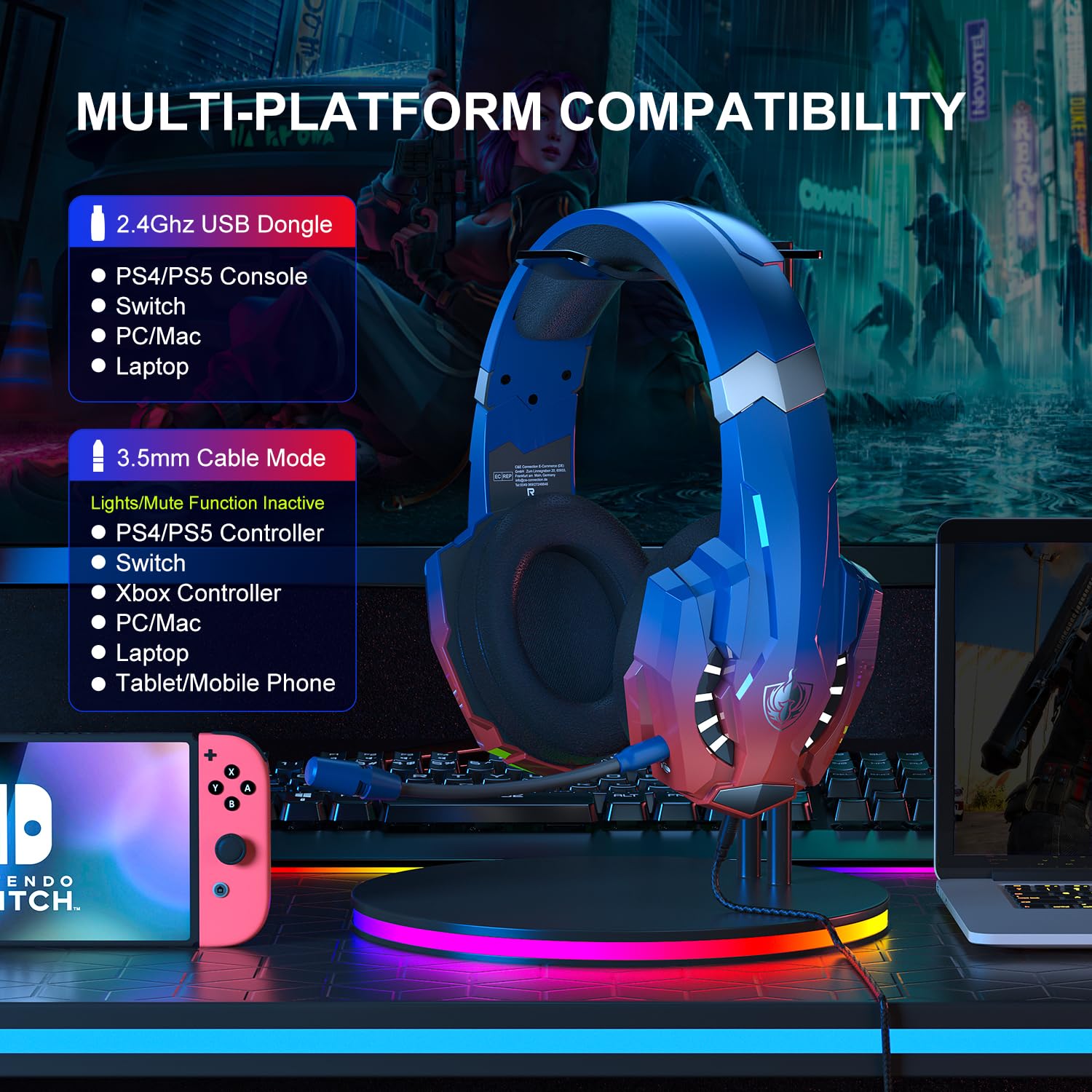 PHOINIKAS 2.4GHz Wireless Gaming Headset for PS5, PS4, PC, Nintendo Switch - Over Ear Headphones with Noise Cancelling Mic, 7.1 Surround Sound, 40+ Hour Battery Life (Dazzle Blue) - Perfect for Competitive Gaming, Streaming & Late-Night Sessions