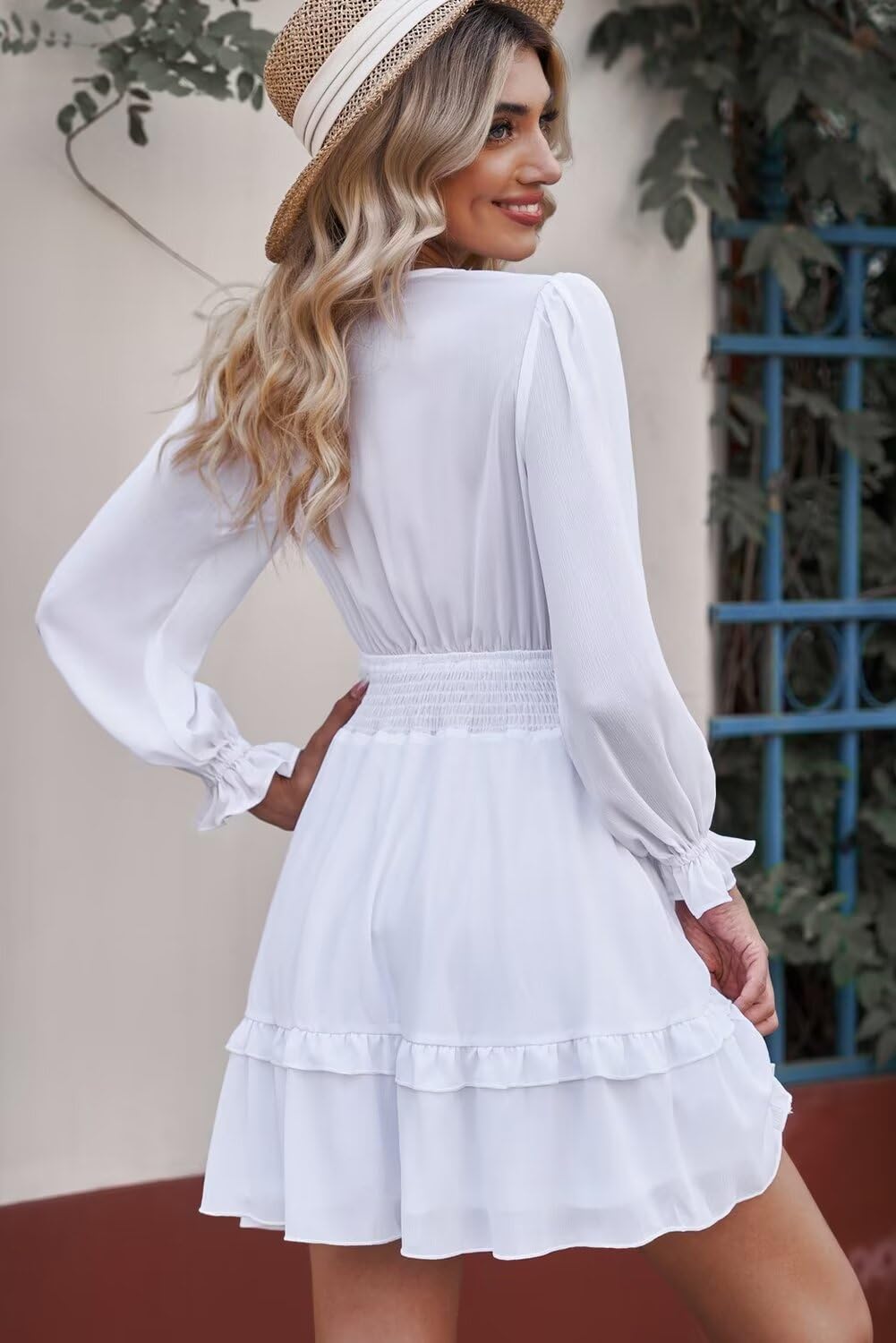 Dokotoo Women's Casual Deep V Neck Knotted Tiered Chiffon Mini Swing Dress for Spring Summer 2025 | Elegant Skater Dress for Party, Date Night & Vacation