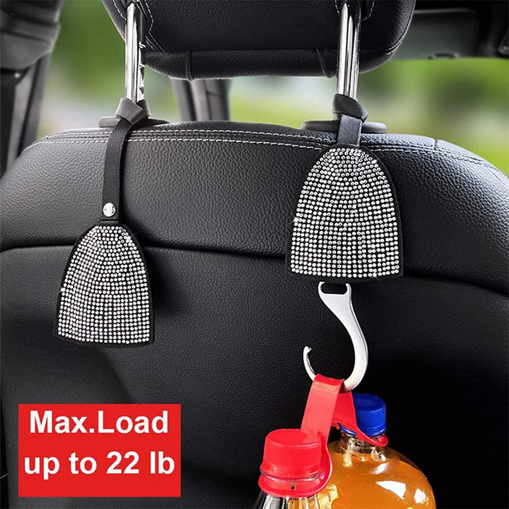 2 Pack Stylish Bling Car Headrest Hooks - Premium Silver Purse Hangers for Women | Perfect for Hanging Handbags, Totes & Shopping Bags While Driving