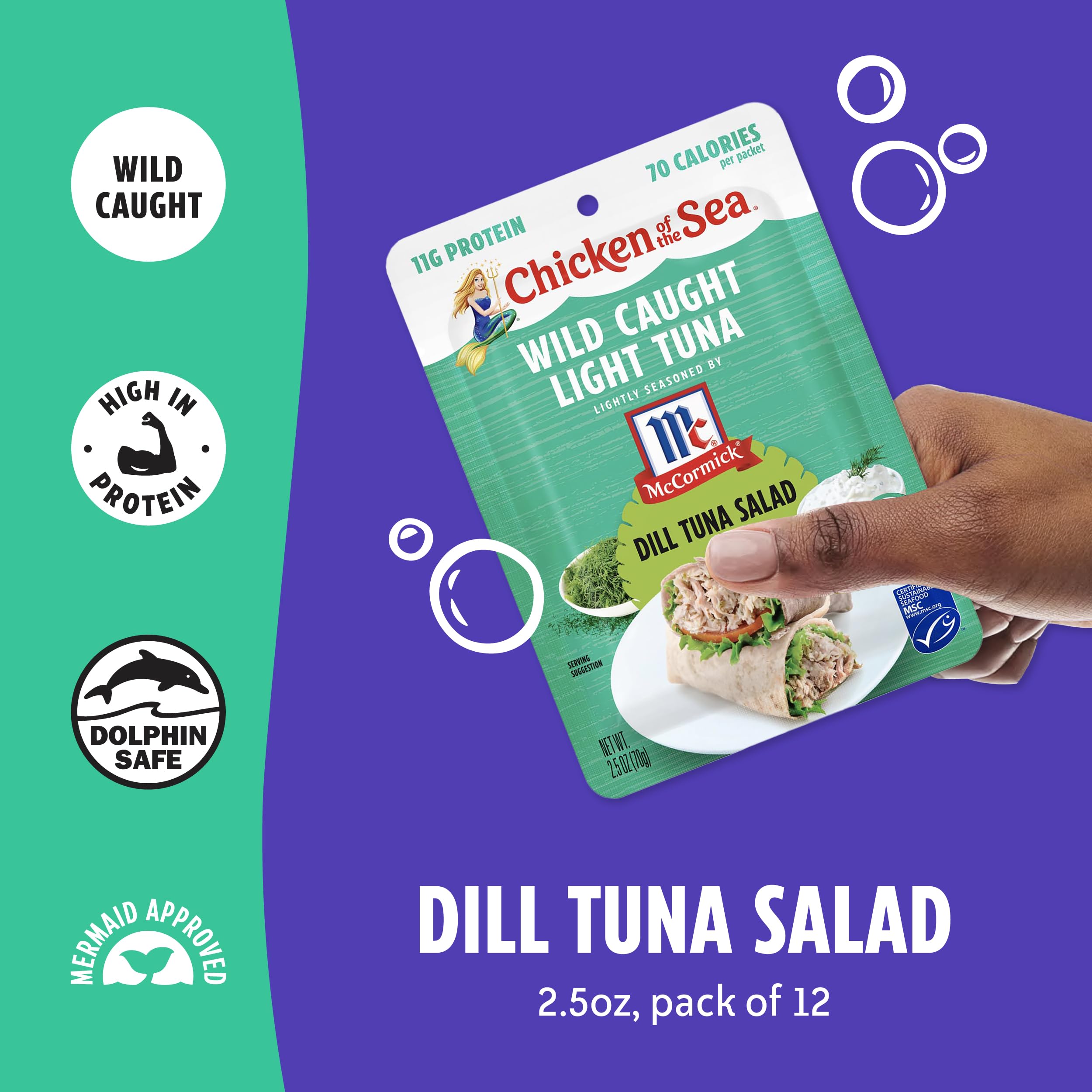 Wild Caught Light Tuna Packets - Chicken of the Sea, 2.5oz (12 Pack) | Lightly Seasoned Dill Tuna Salad | Perfect for Sandwiches, Salads & Healthy Snacks On-The-Go