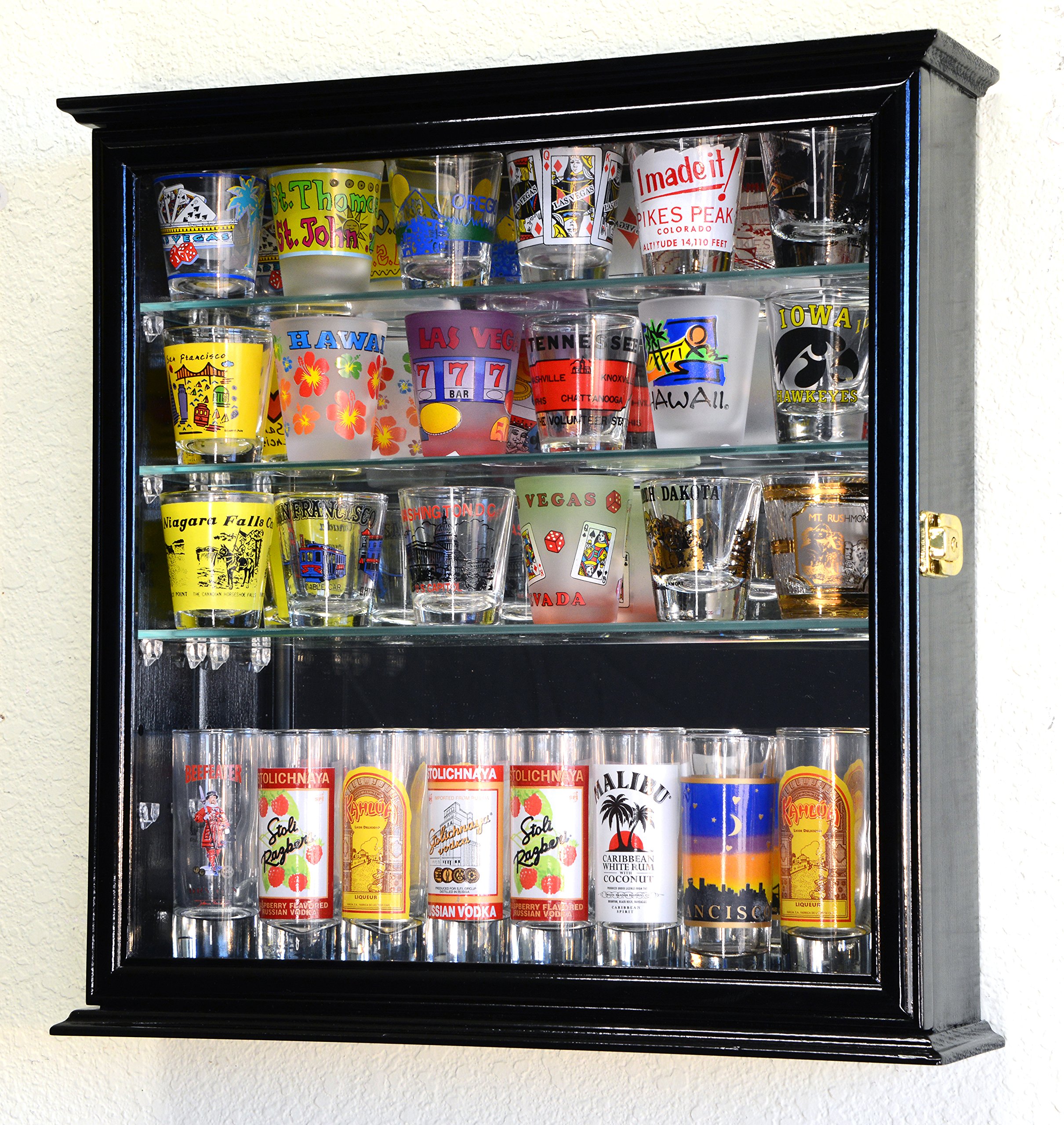 Black Shot Glass Display Case with Mirror Back & 4 Glass Shelves - Wall Mounted Cabinet for Liquor Bottles & Bar Accessories - Perfect for Home Bars, Pubs, and Restaurants