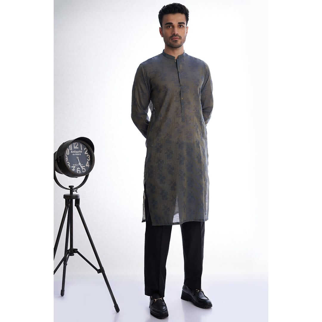 Stylish Grey and Blue Two-Tone Cotton Brocade Kurta for Men - Perfect for Festivals, Weddings & Ethnic Occasions