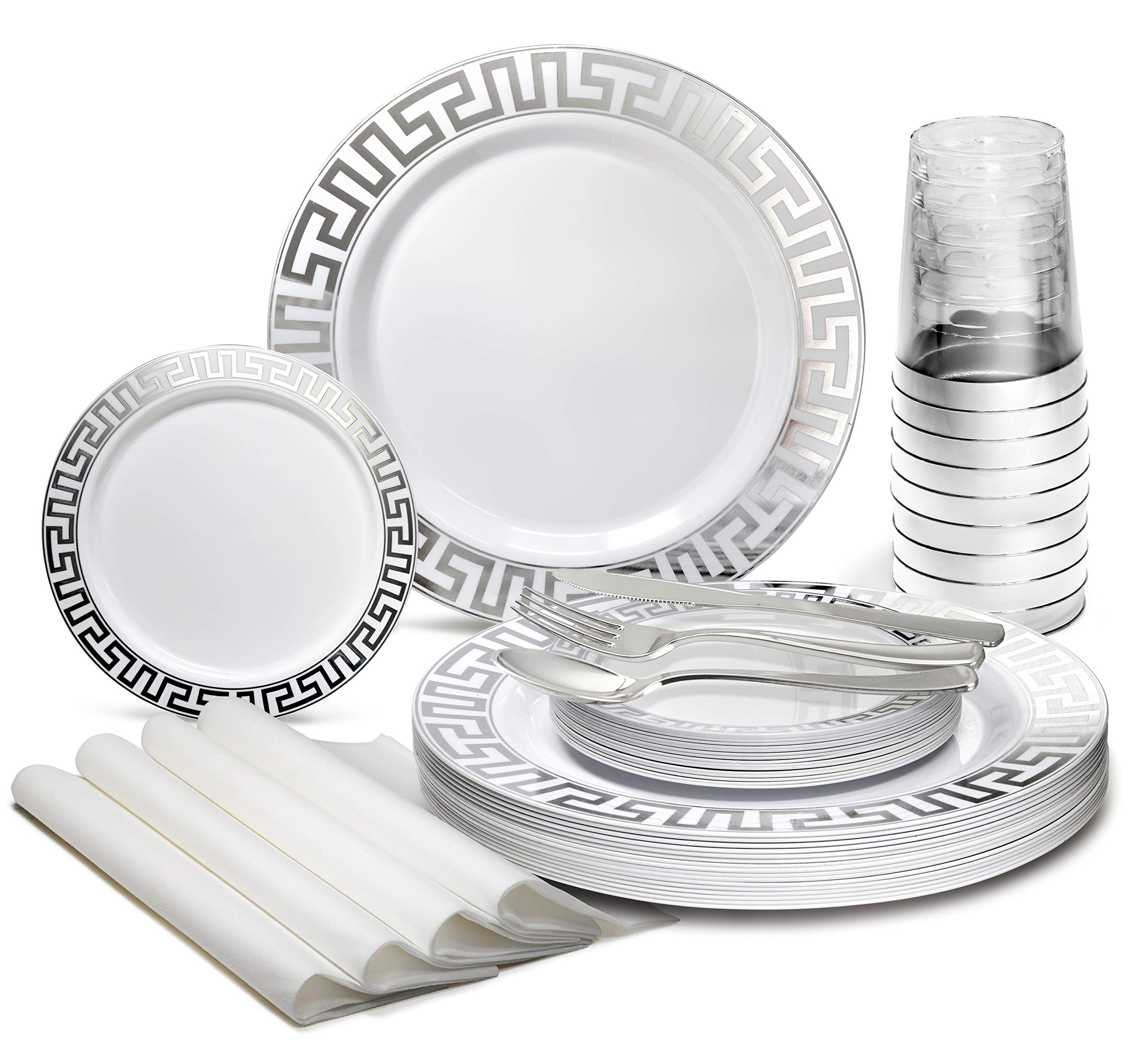 560-Piece Heavyweight Disposable Plastic Plate Set for 80 Guests - 10.5'' Dinner Plates, 6.25'' Dessert Plates, Silverware, Cups & Napkins (Milano White & Silver) - Perfect for Weddings, Parties, Catering & Large Events