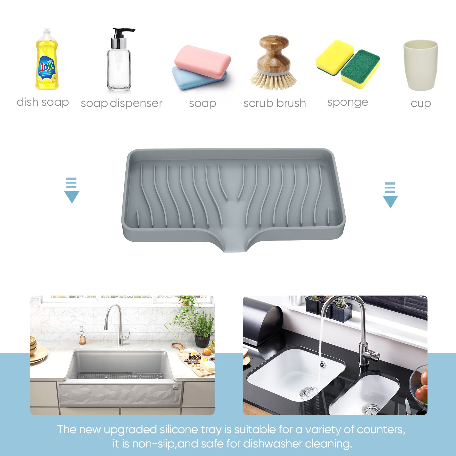 Self Draining Silicone Kitchen Sink Tray - Soap Holder & Sponge Organizer for Bathroom & Kitchen Sink - Perfect for Soap Dispenser, Dish Scrubber & Palm Brush - Keeps Sink Area Clean & Organized