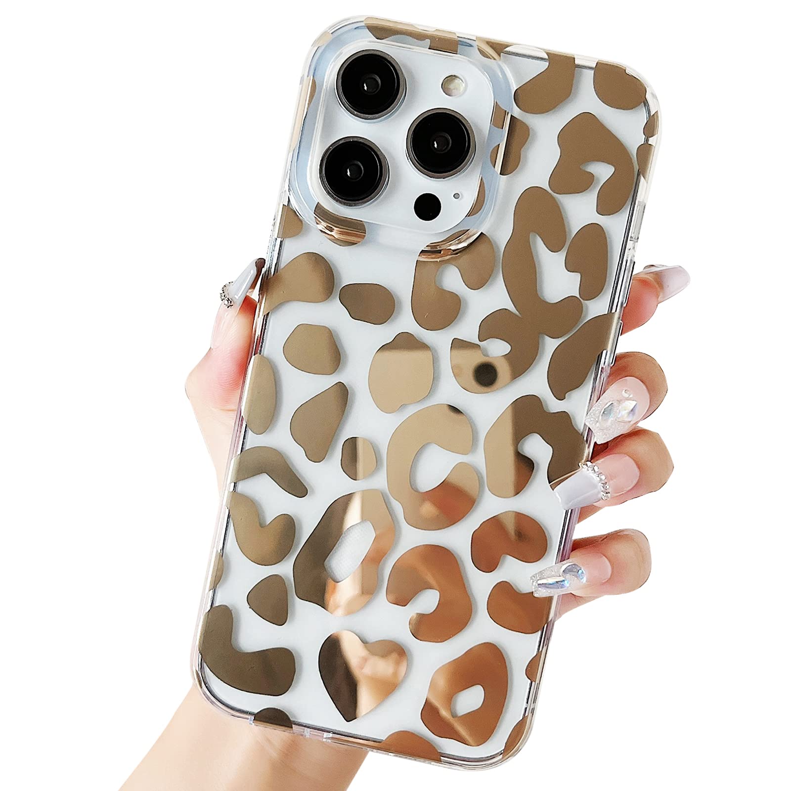 Jmltech iPhone 13 Pro Max Case 6.7 Inch - Clear Slim Glitter Leopard Floral Hybrid Design with Shockproof Drop Protection | Hard Back & Silicone Bumper | Perfect for Everyday Use, Travel & Outdoor Activities (Clear Gold)