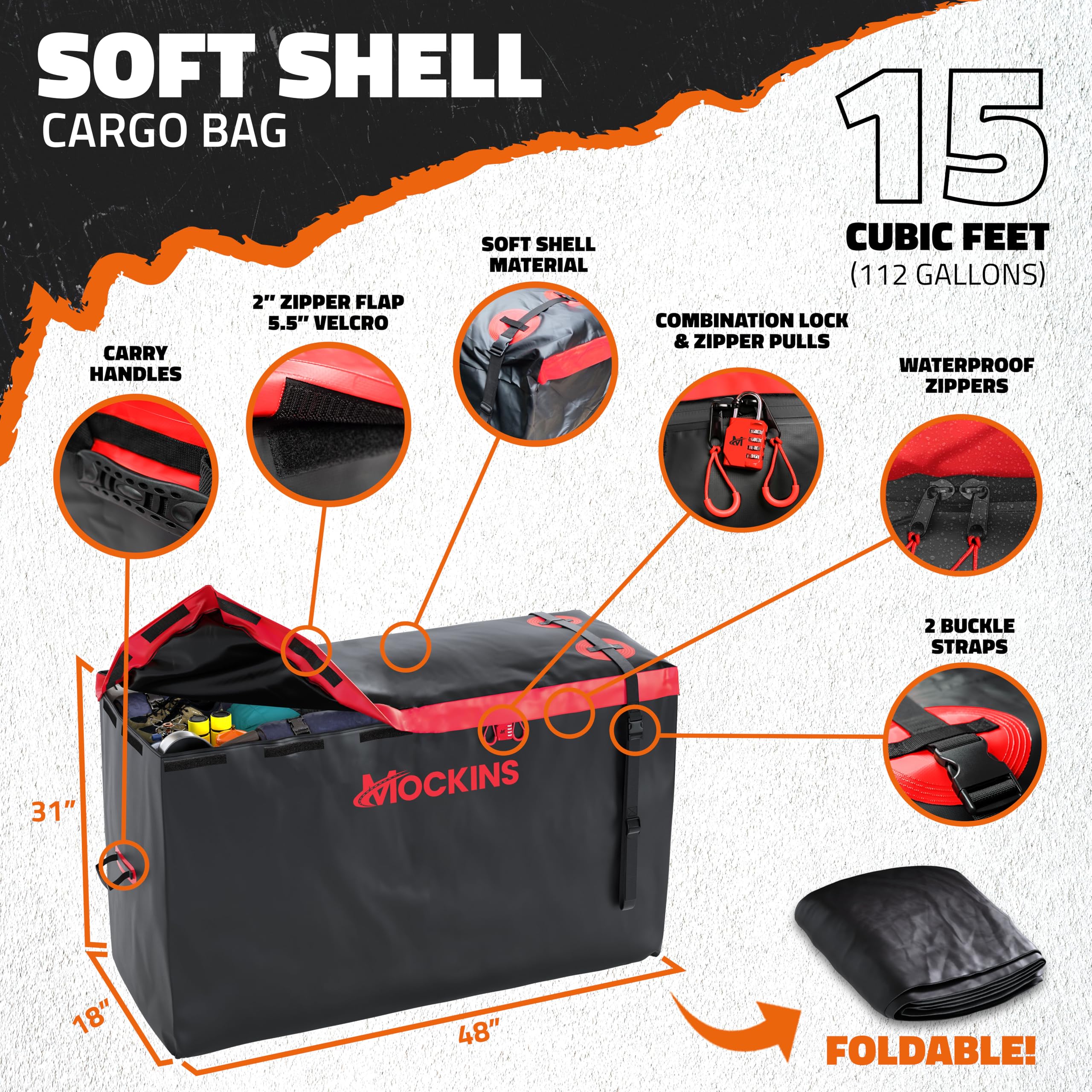 Mockins 15 Cu.Ft. Soft-Shell Trailer Hitch Cargo Carrier Bag with 4 Packing Cubes - 48x18x31 Inch Waterproof All-Weather Truck Bed Storage Bag for SUV, Pickup & Travel | Heavy-Duty Vinyl Construction with Buckle Straps & Lock | Perfect for Road Trips, Camping & Outdoor Adventures
