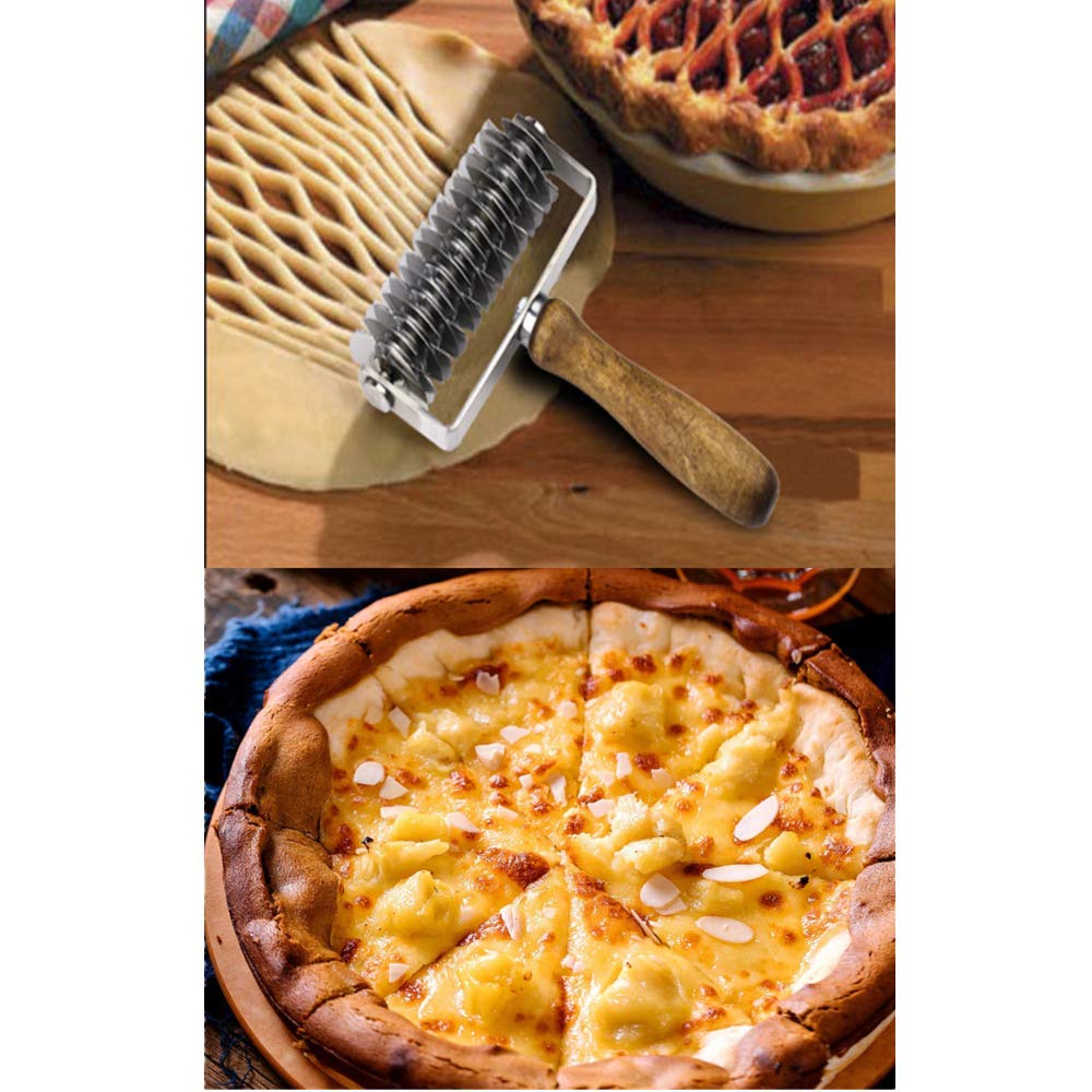 Premium Stainless Steel Dough Lattice Cutter with Wooden Handle - Professional Baking Tool for Perfect Pie Crusts, Cookie Designs & Pastry Decorations | Ideal for Home Bakers, Pizza Making & Cake Decorating
